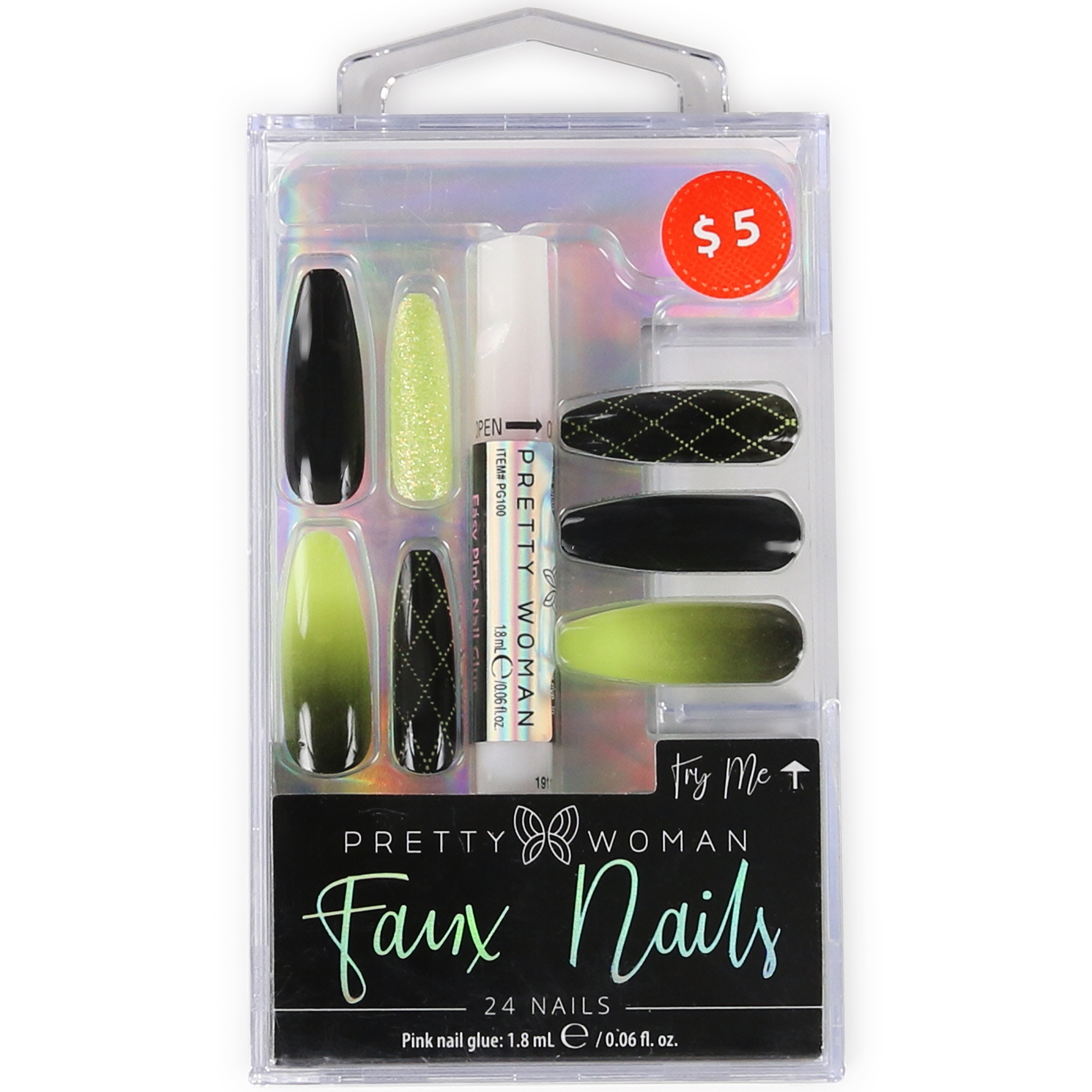 Green & Black Extra-Long Fake Nails 24-Piece Set W/ Glue