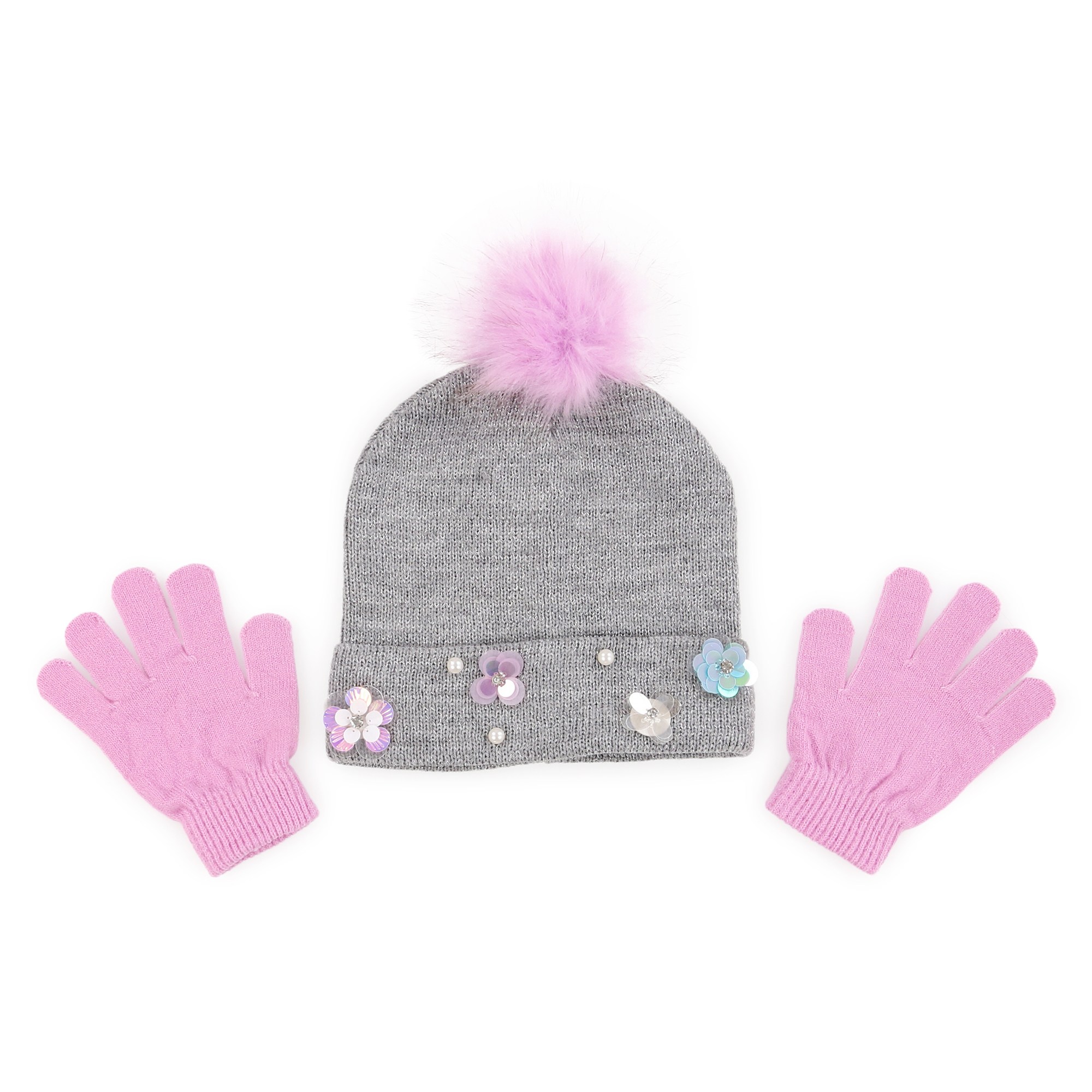 Sequin Beanie W/ Faux Fur Pom & Matching Gloves Set - Gray & Pink