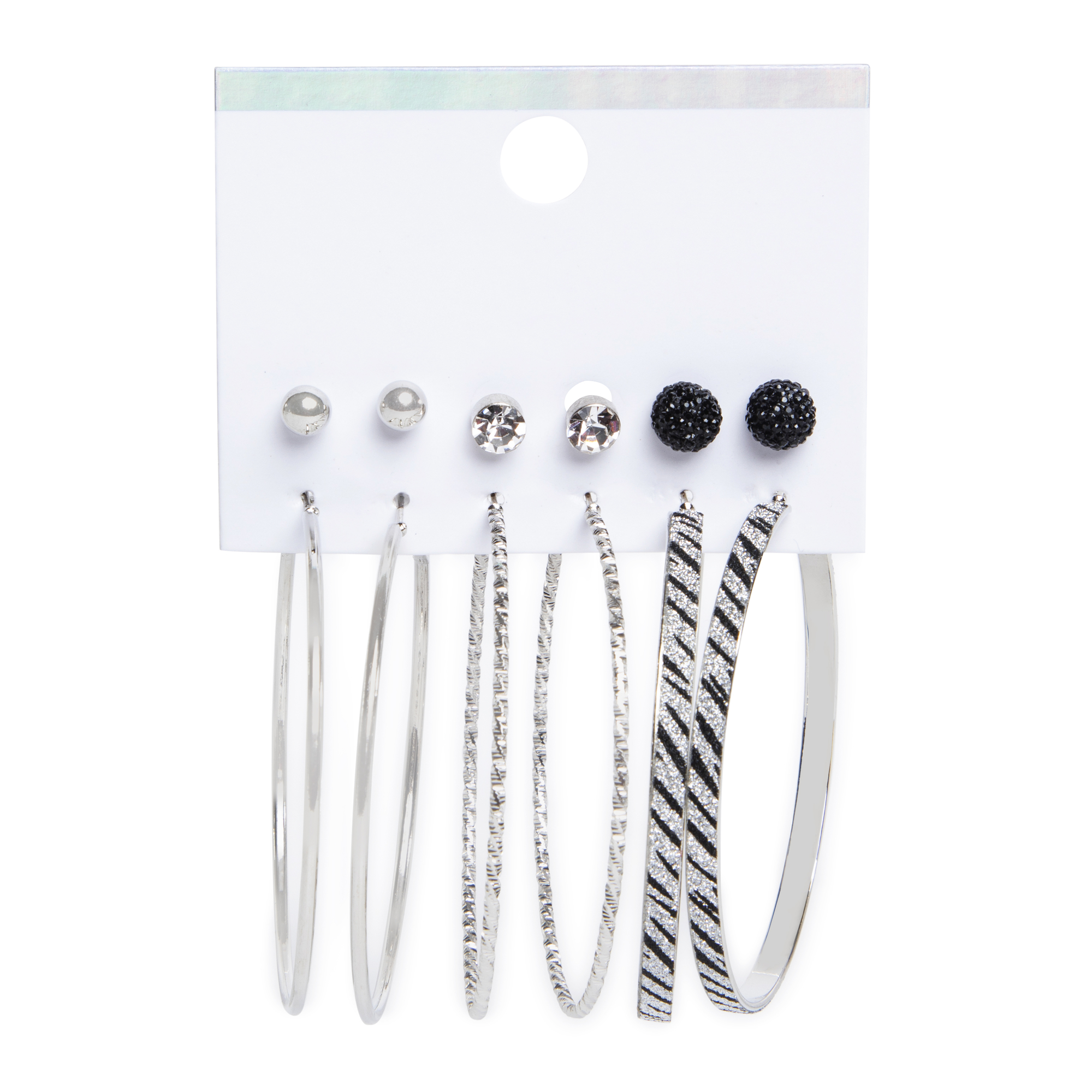 Zebra Hoops & Stud Earrings 6-Pair Set, Silver & Black