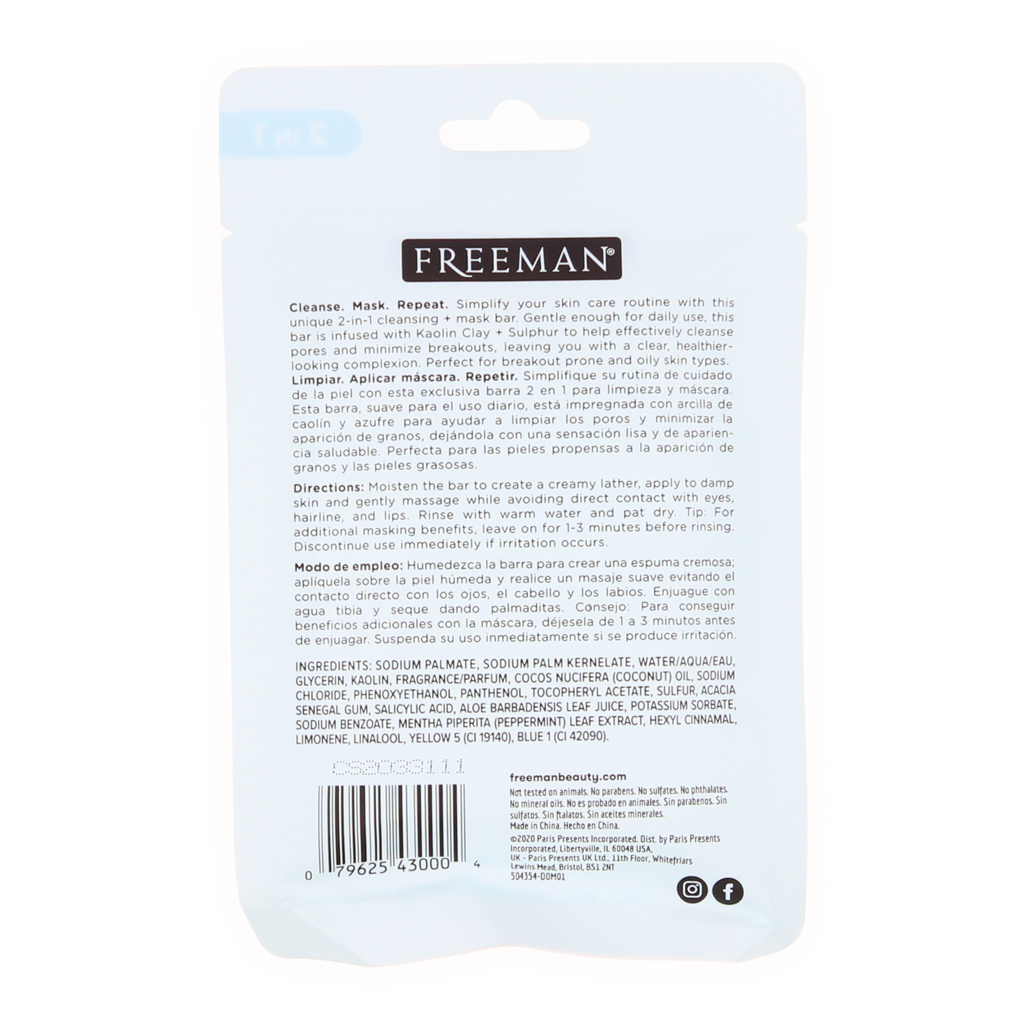 Freeman® 2-in-1 Cleansing Mask Bar - Sulphur Pore Detox/Breakout Prone/Oily Skin