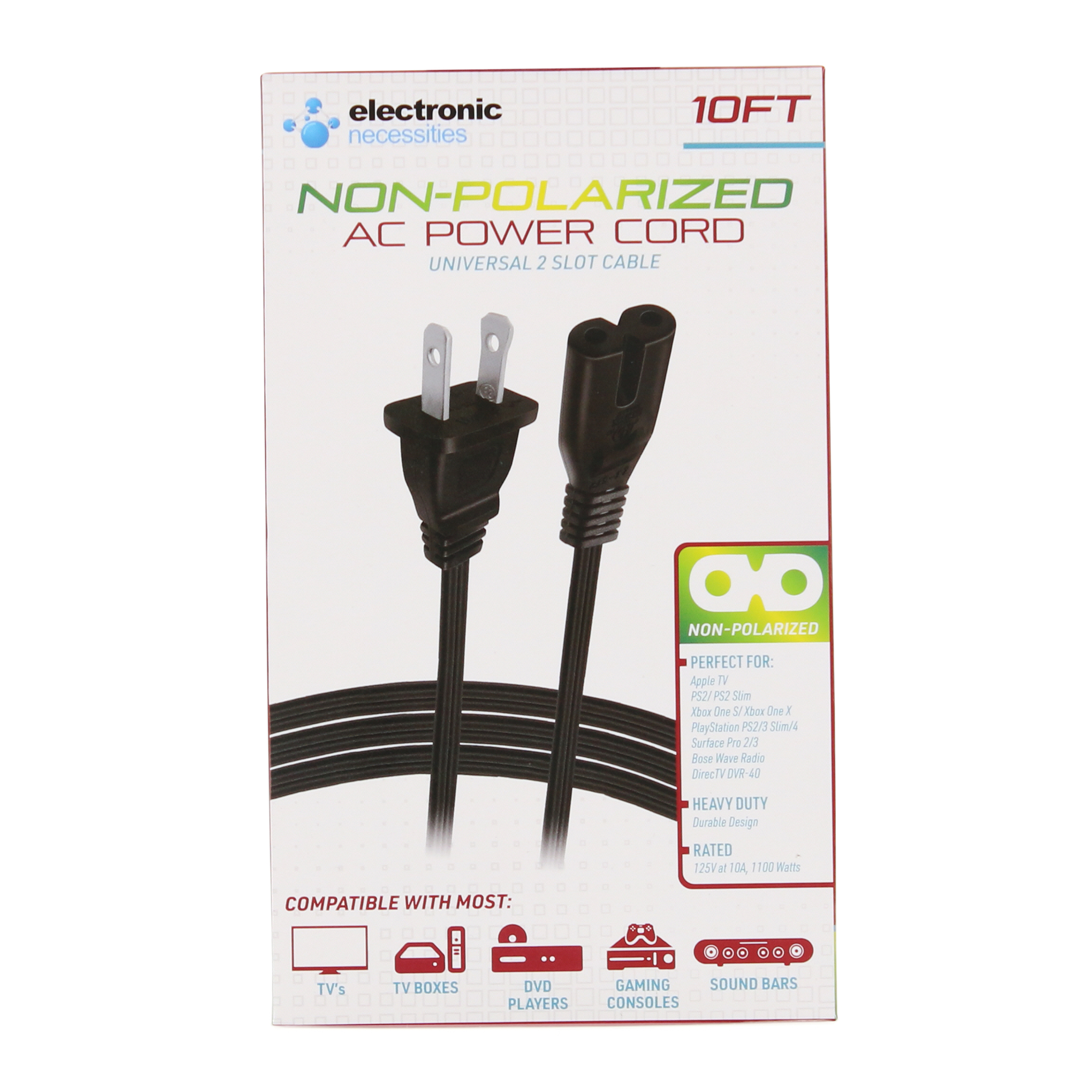 New 10ft Non-Polarized Replacement Power Cord, Works With Game Consoles,  Cable Boxes, Printers