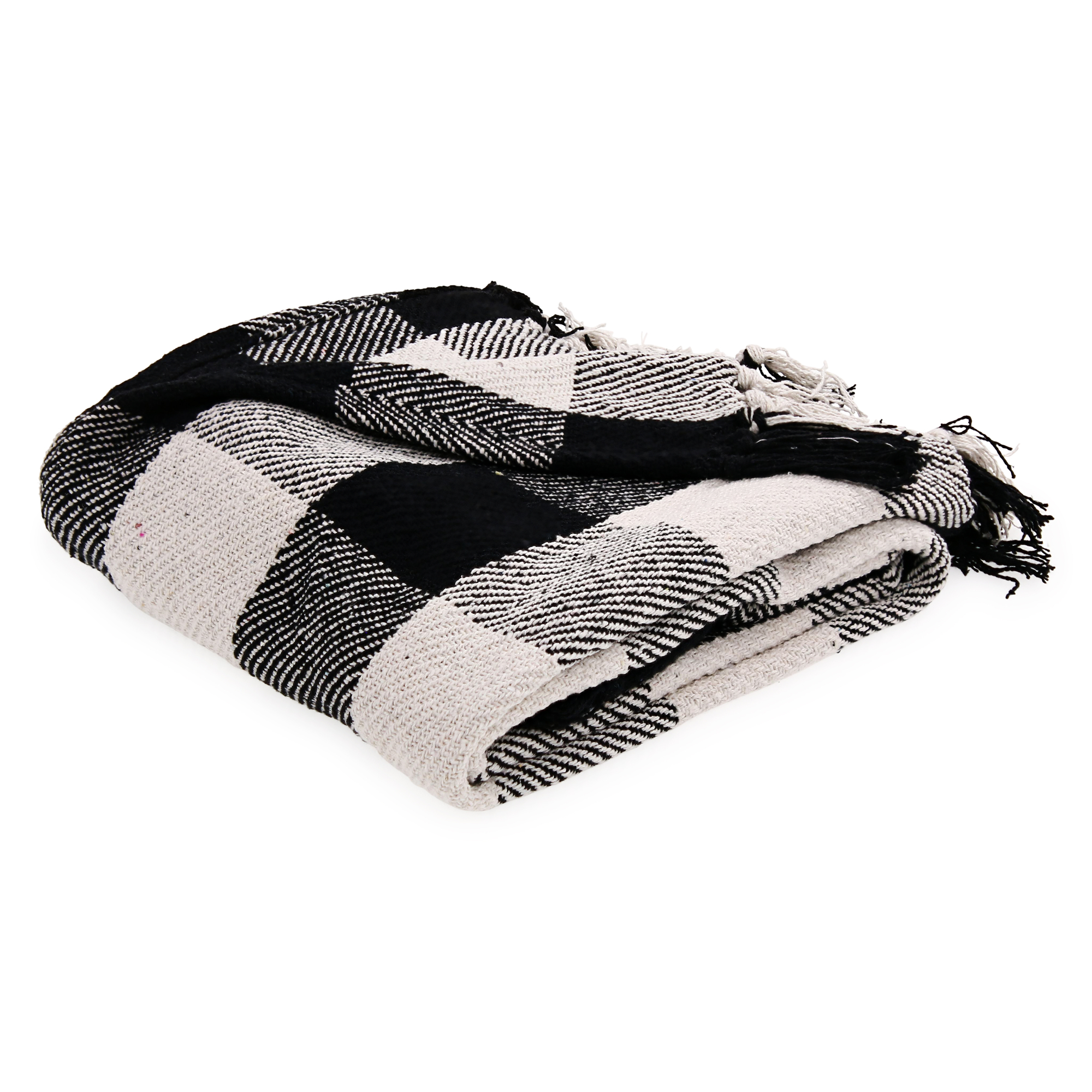 white plaid woven cotton throw blanket