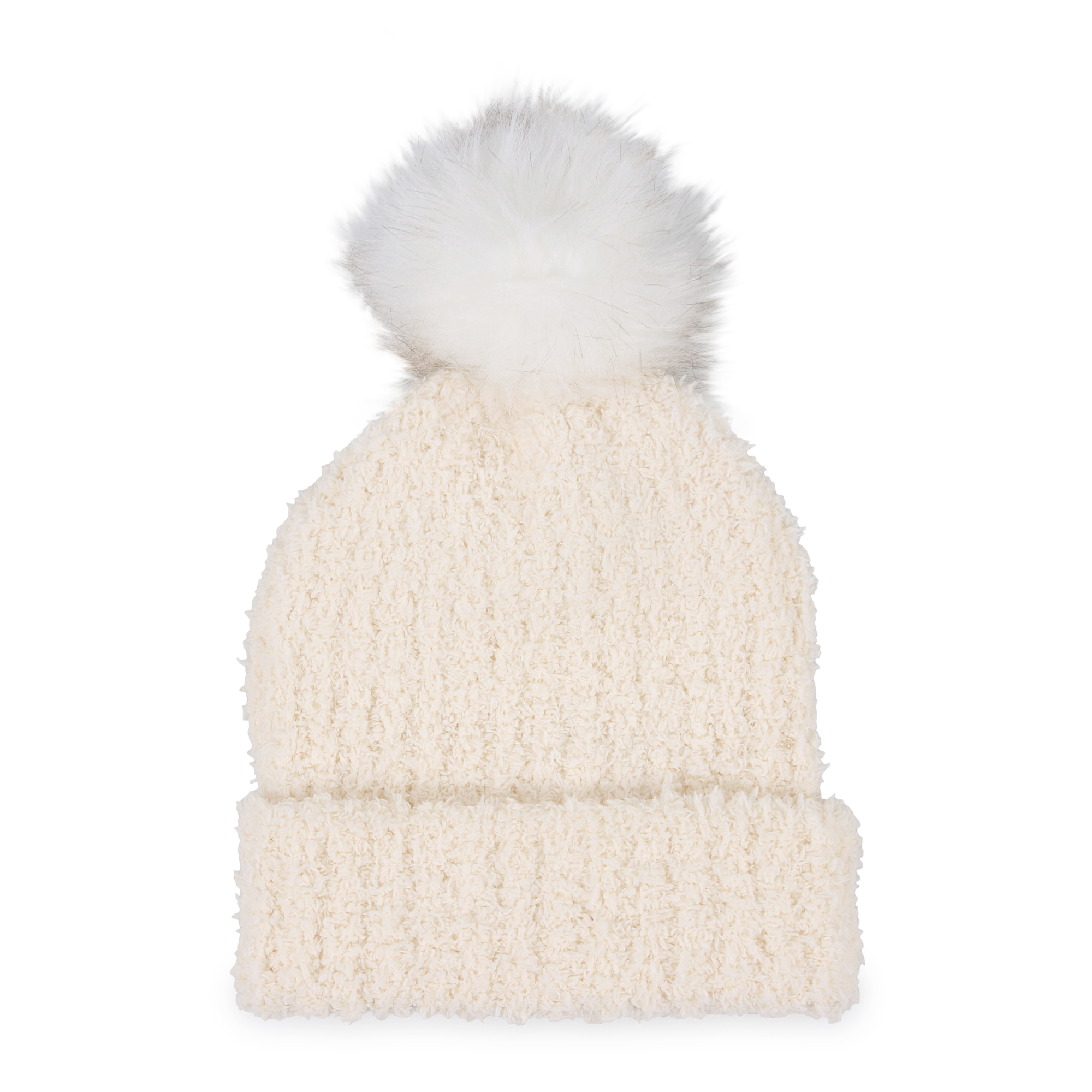 fuzzy knit beanie hat with faux fur pom