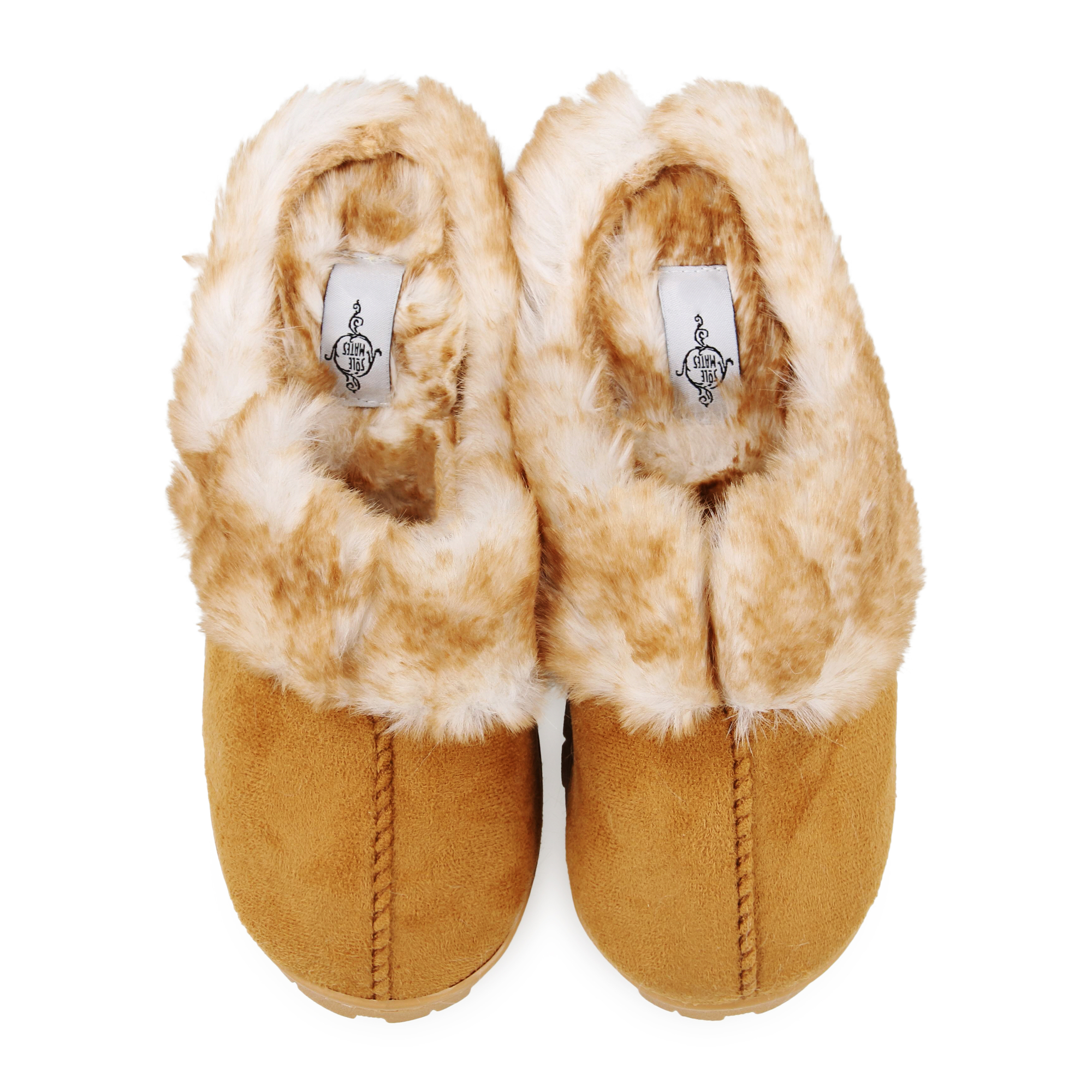 ladies brown lug sole faux fur scuff slippers
