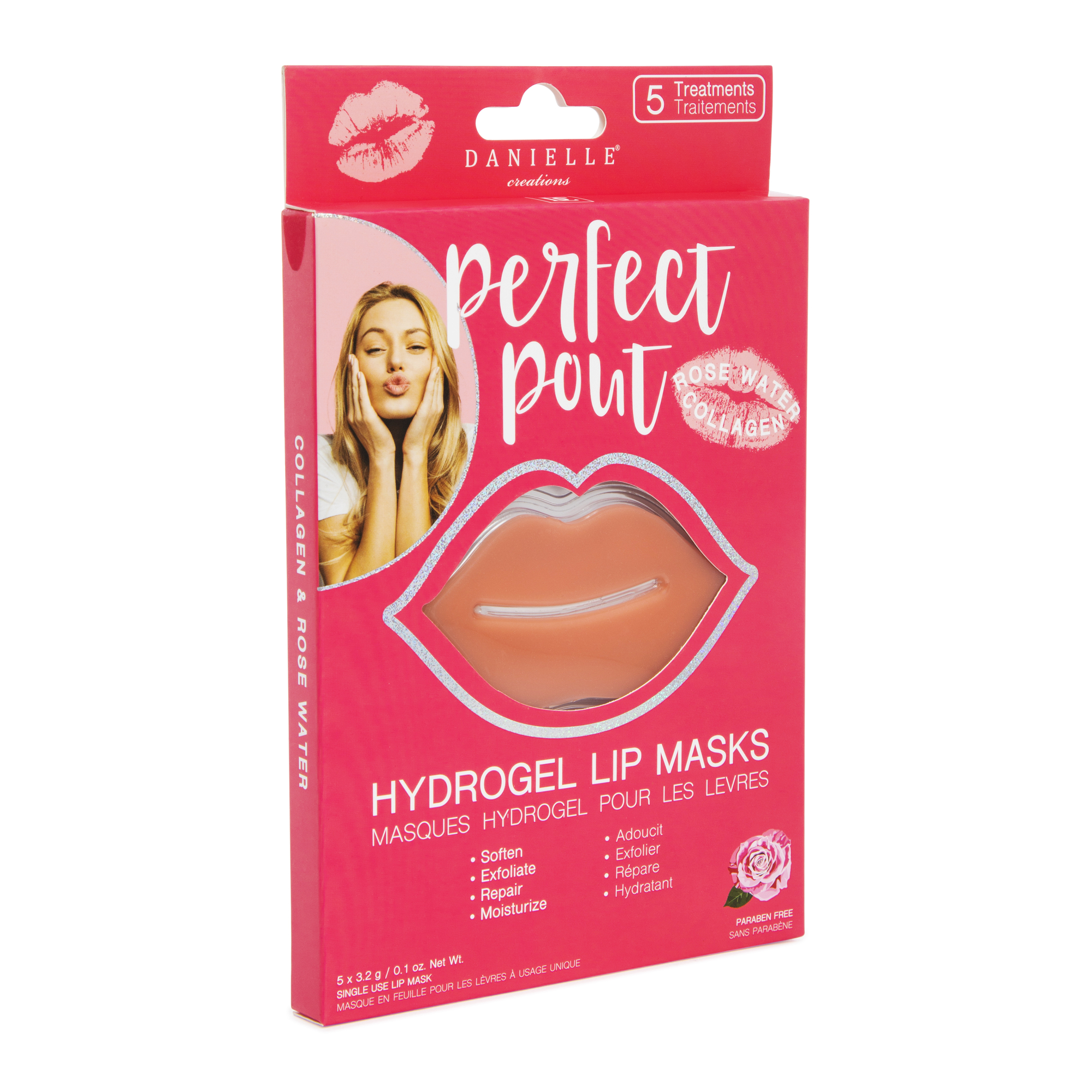 danielle® perfect pout hydrogel lip masks 5-pack - rose water collagen