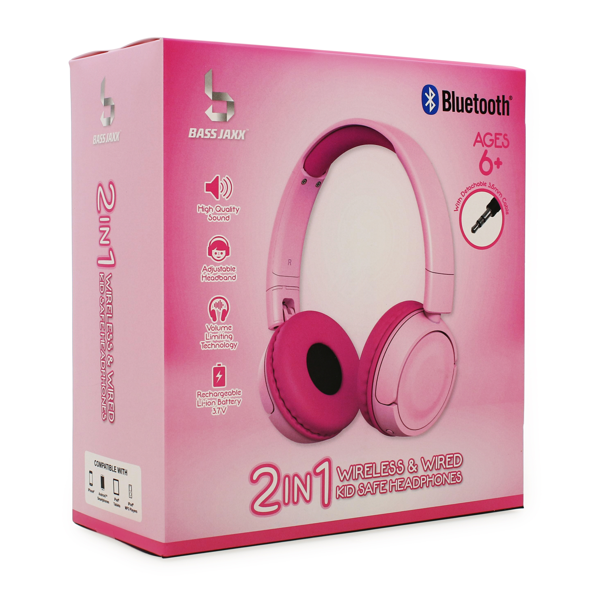 2 in 1 wireless wired kid safe headphones pink