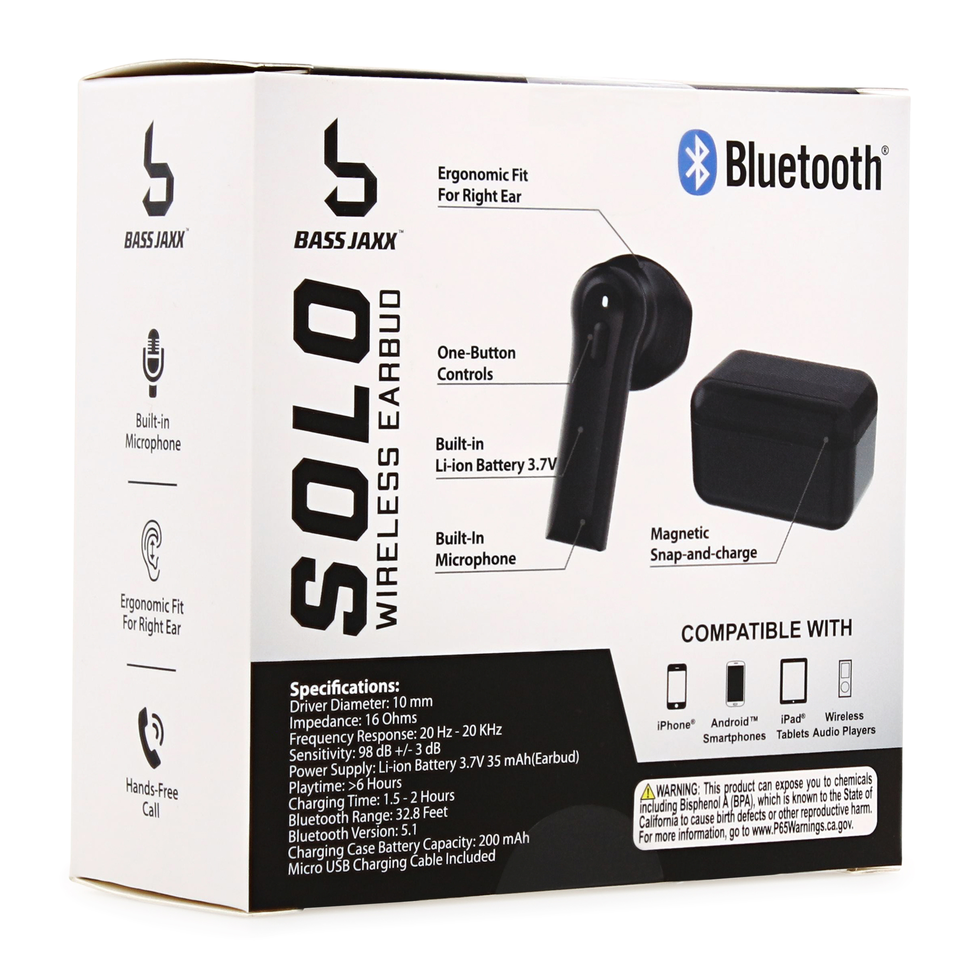 solo bluetooth® earbud with microphone - black
