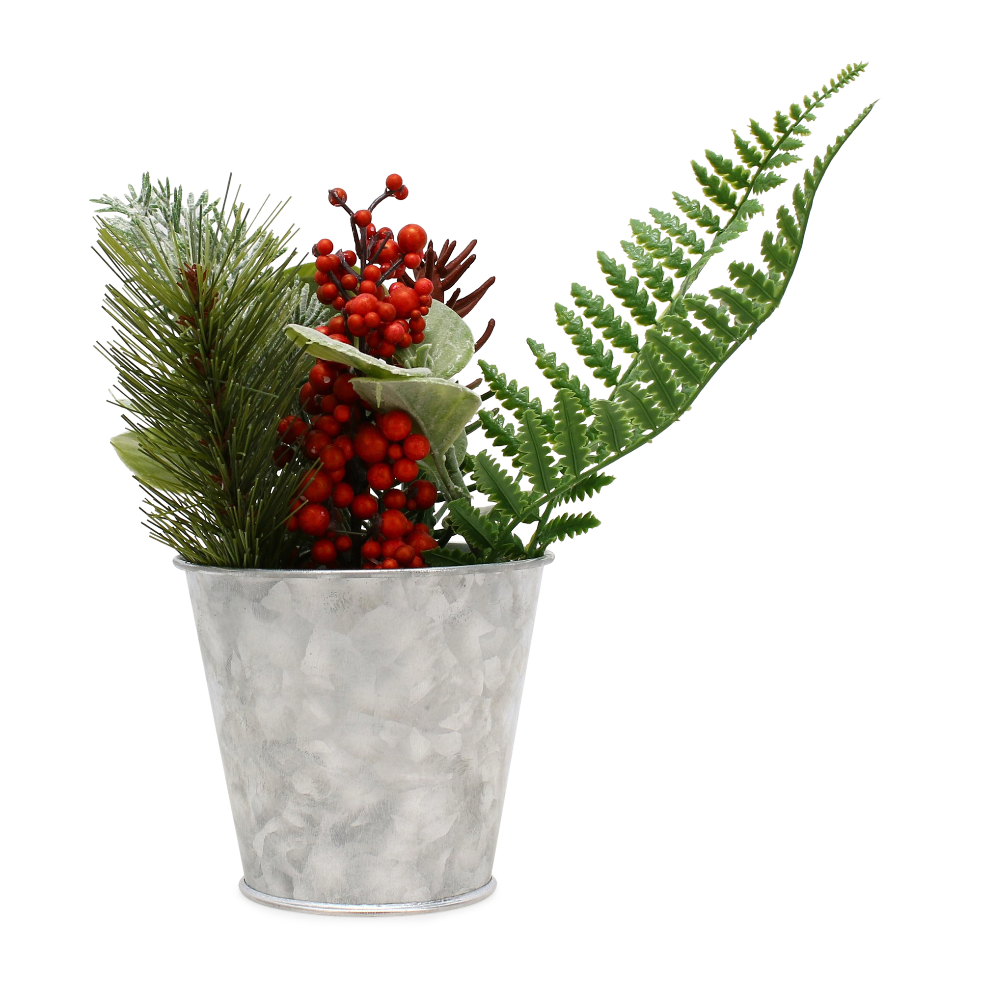 10in winter greenery in galvanized metal pot