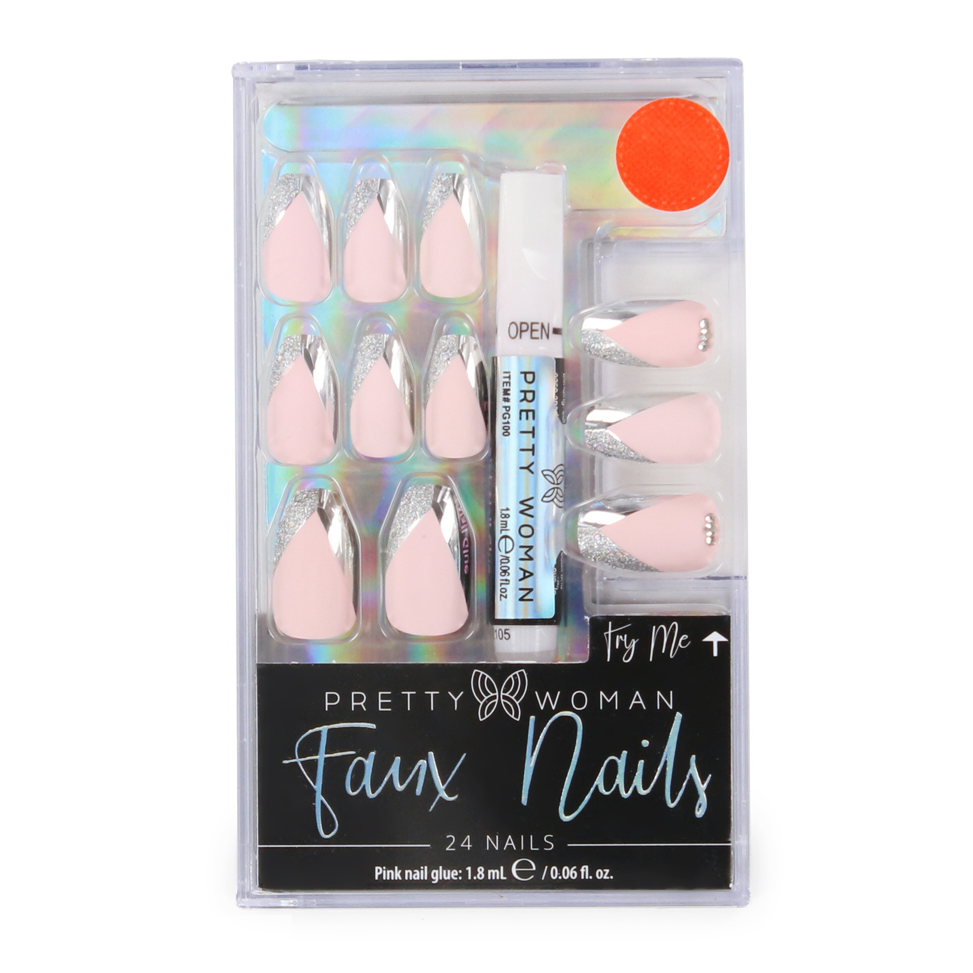 pretty woman faux nails 24-piece with glue - pink with silver tips
