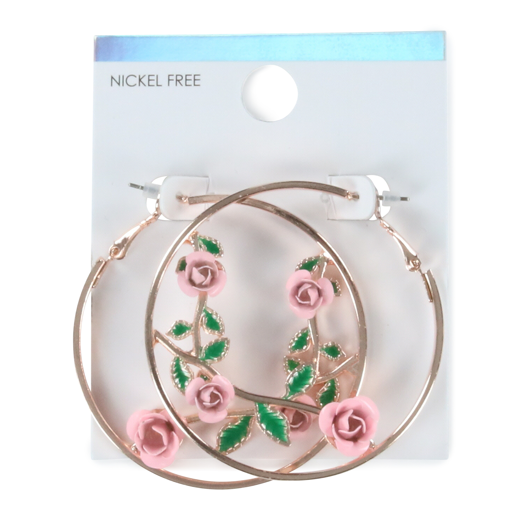 Pink Rose & Vine Gold Hoop Earrings