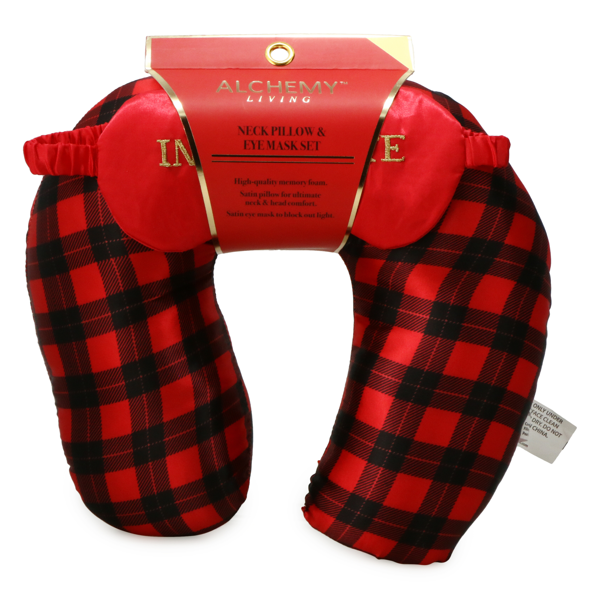 plaid satin memory foam neck pillow & eye mask set