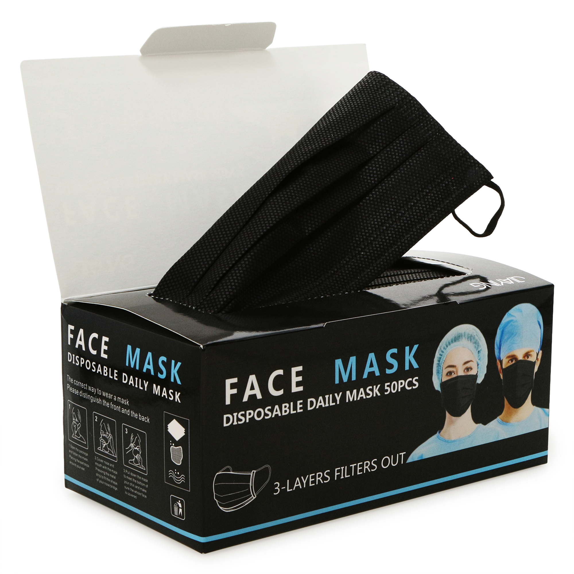 black 3-layer disposable face masks 50-count | Five Below