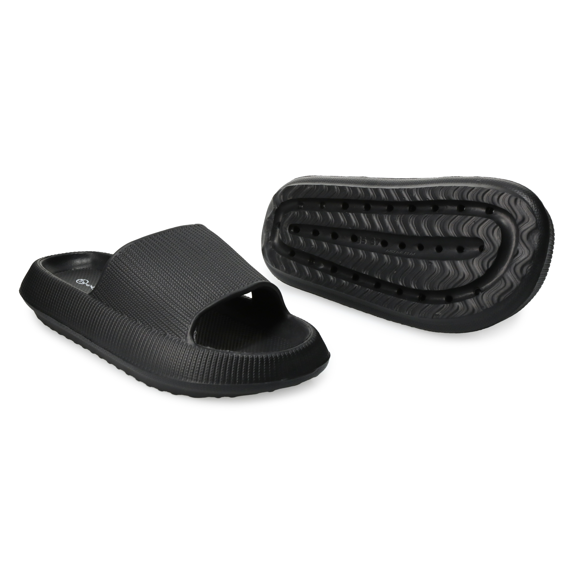 ladies black puff slide sandals