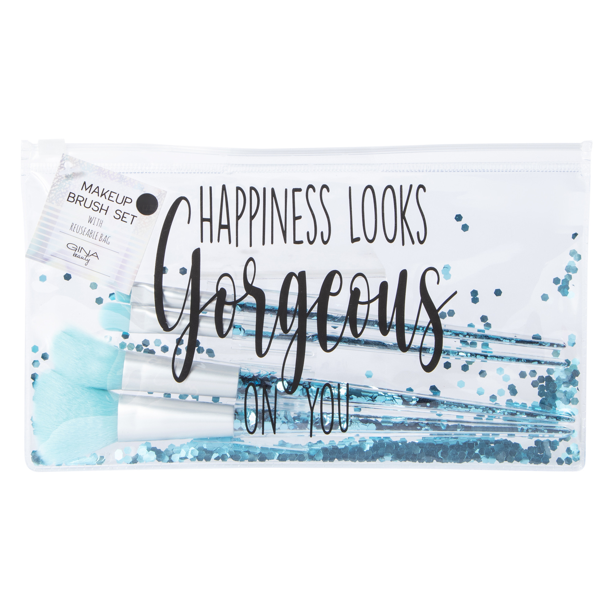 4-piece pink makeup brush & glitter travel pouch set