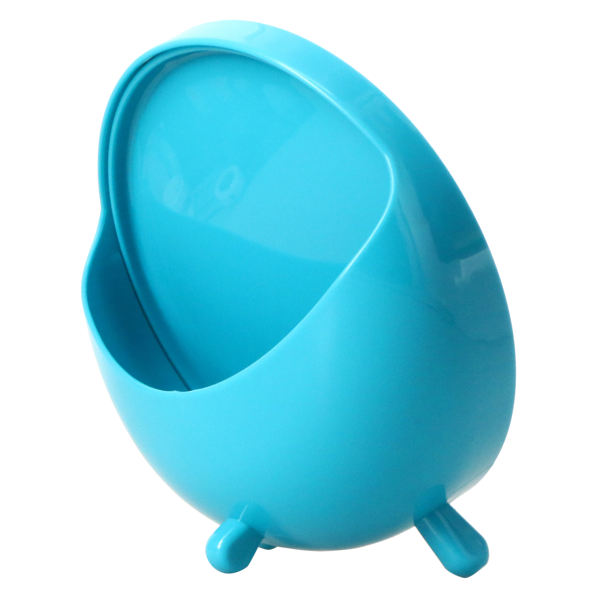 round navy vanity mirror with makeup brush storage