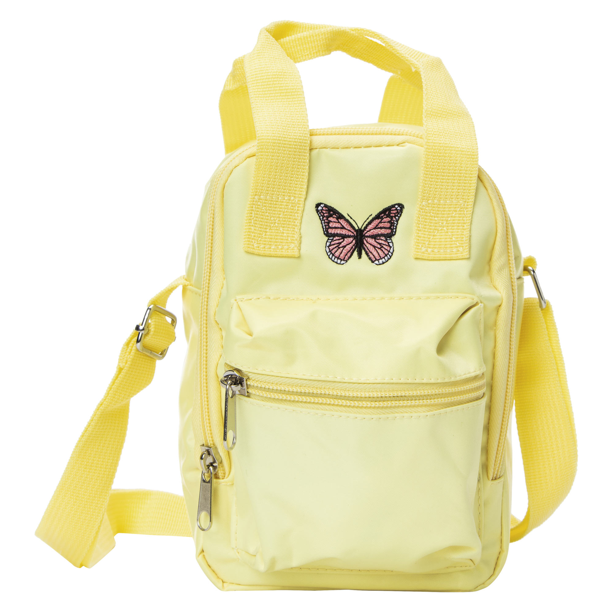 yellow super mini sling bag with embroidered butterfly icon 6in x 8in