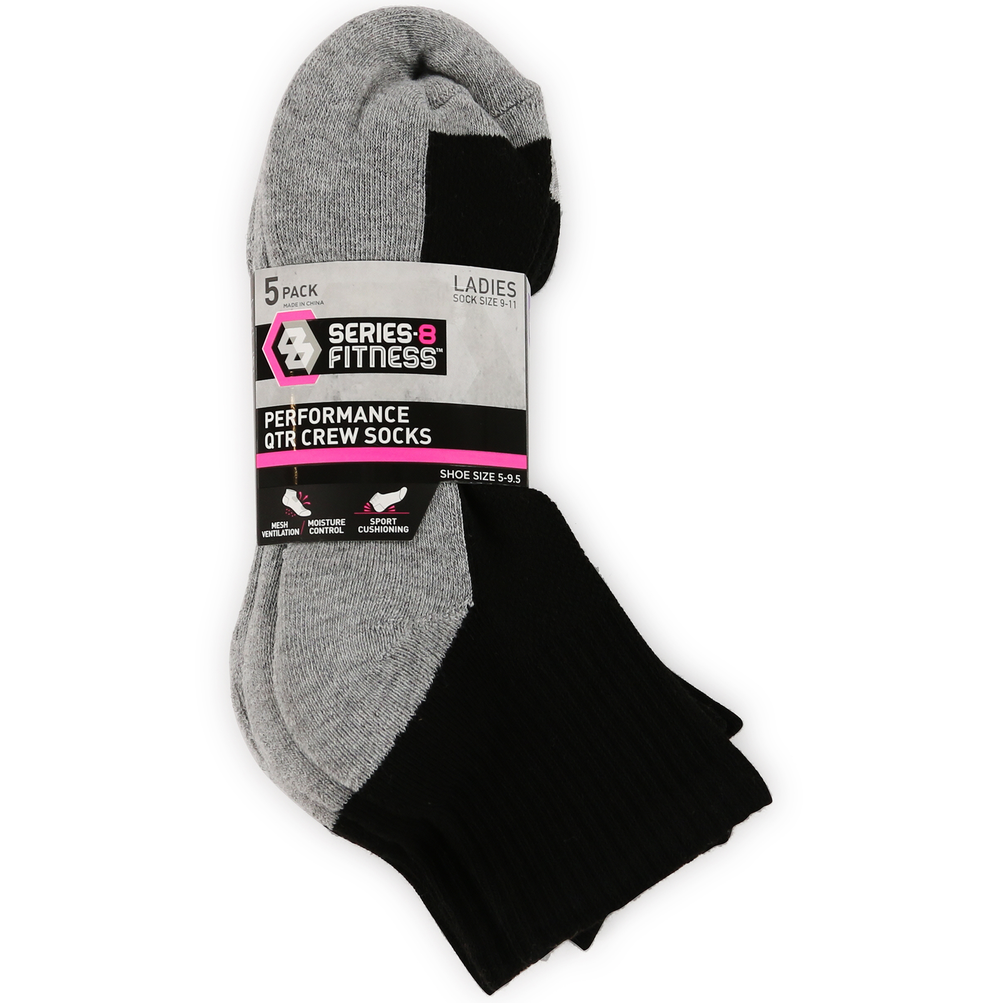 ladies series-8 fitness™ performance qtr crew socks black 5-pack