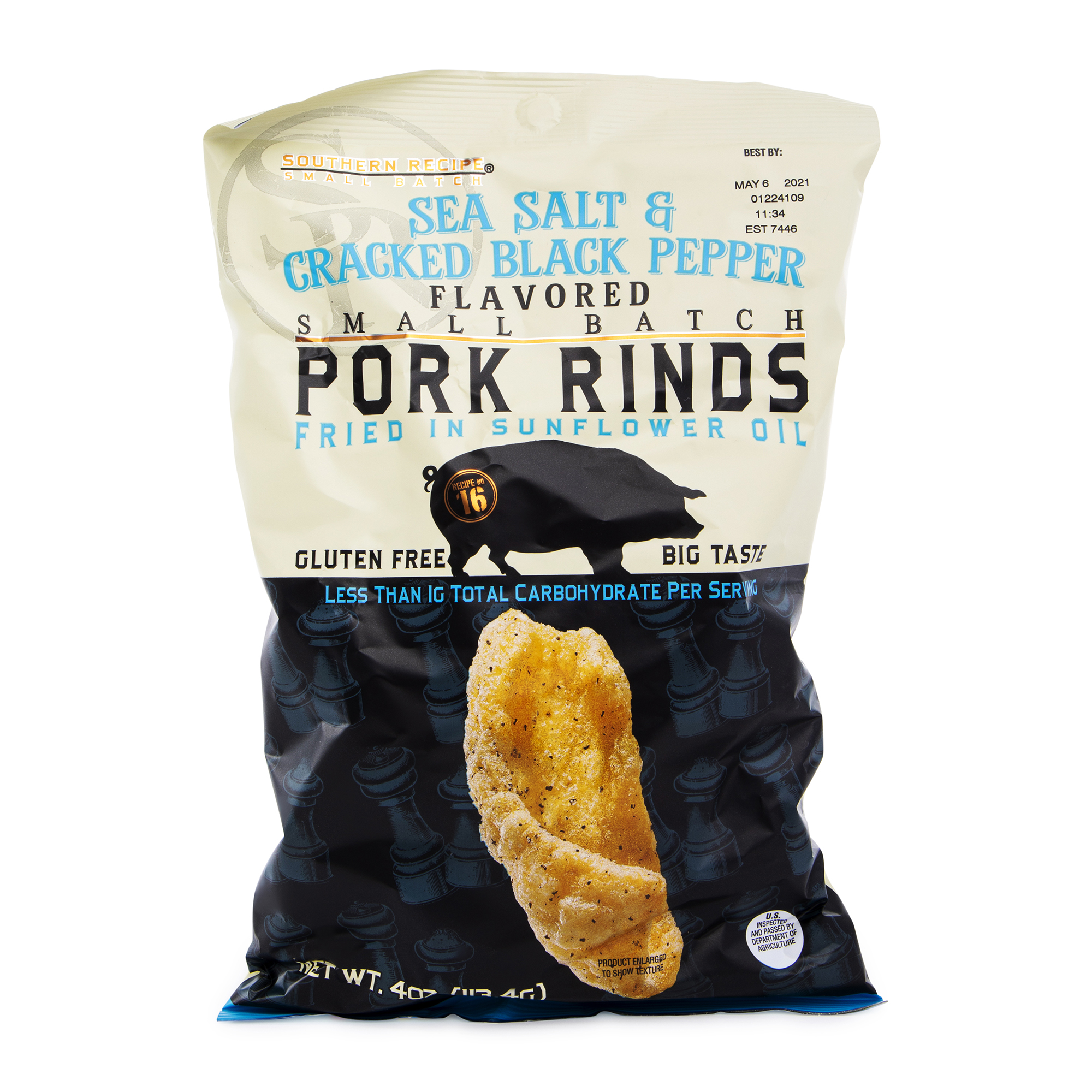 sea salt & cracked black pepper flavored small batch pork rinds 4oz