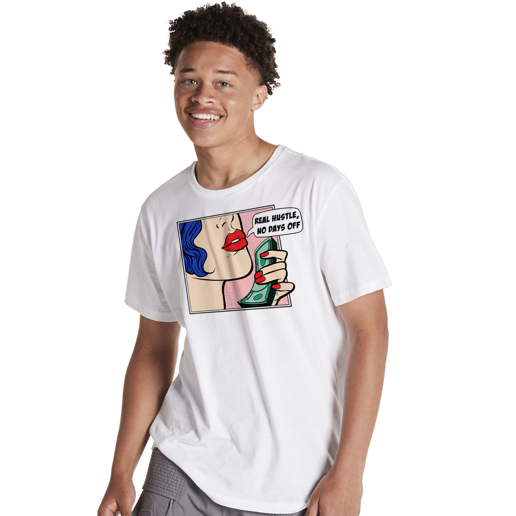 'real hustle, no days off' pop art graphic tee