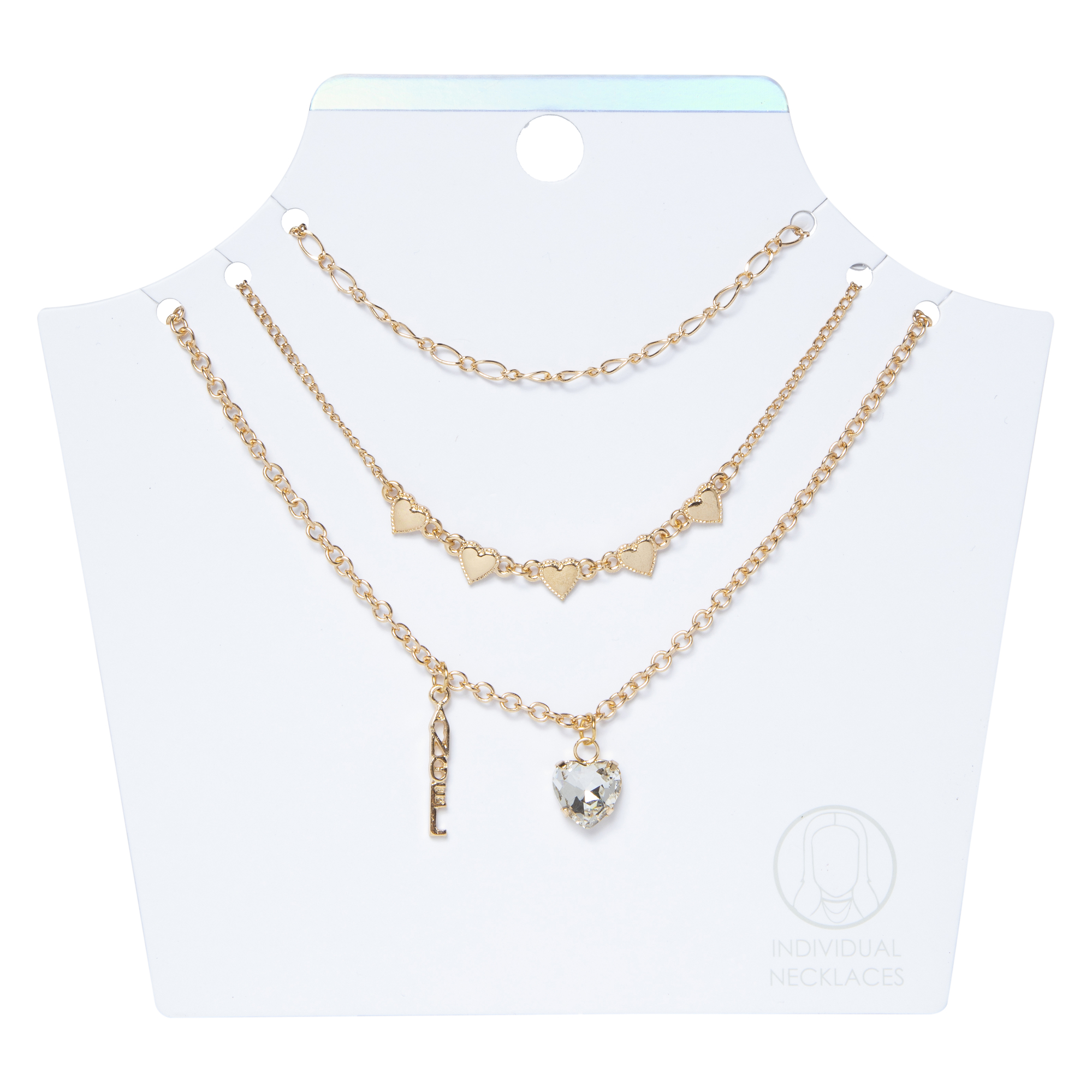 gold heart & angel layering necklaces set, 3-piece