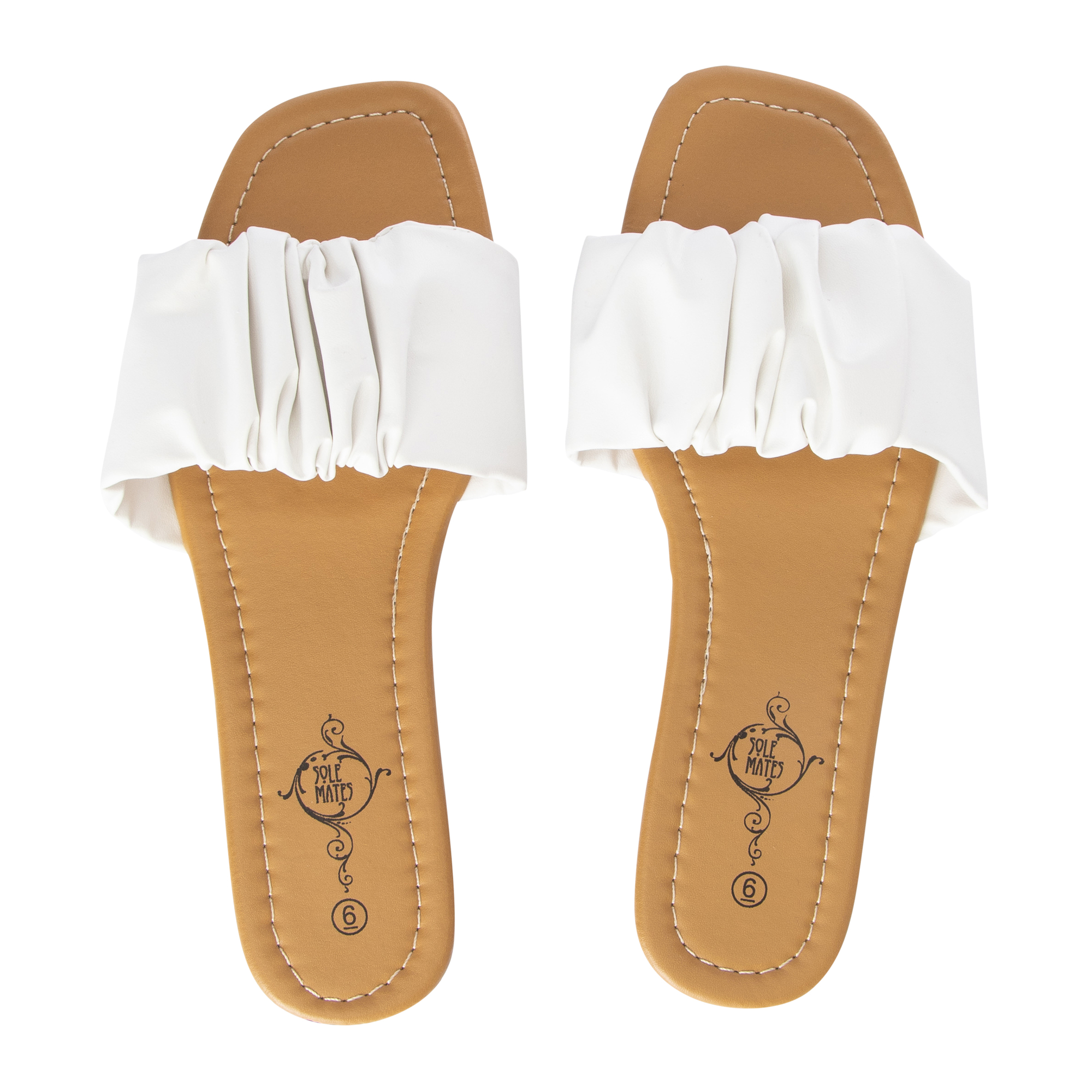 ladies scrunch strap white slide sandals