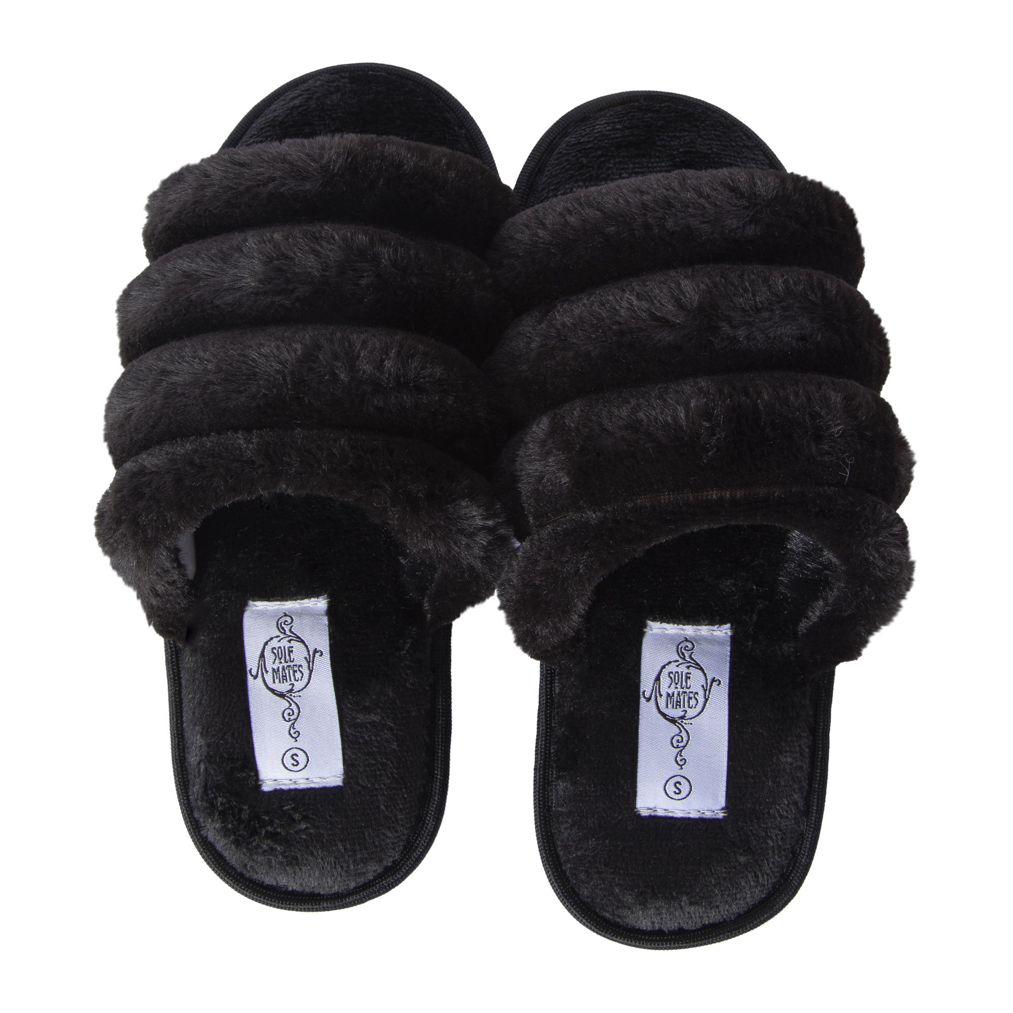 ladies black ribbed faux fur slide slippers