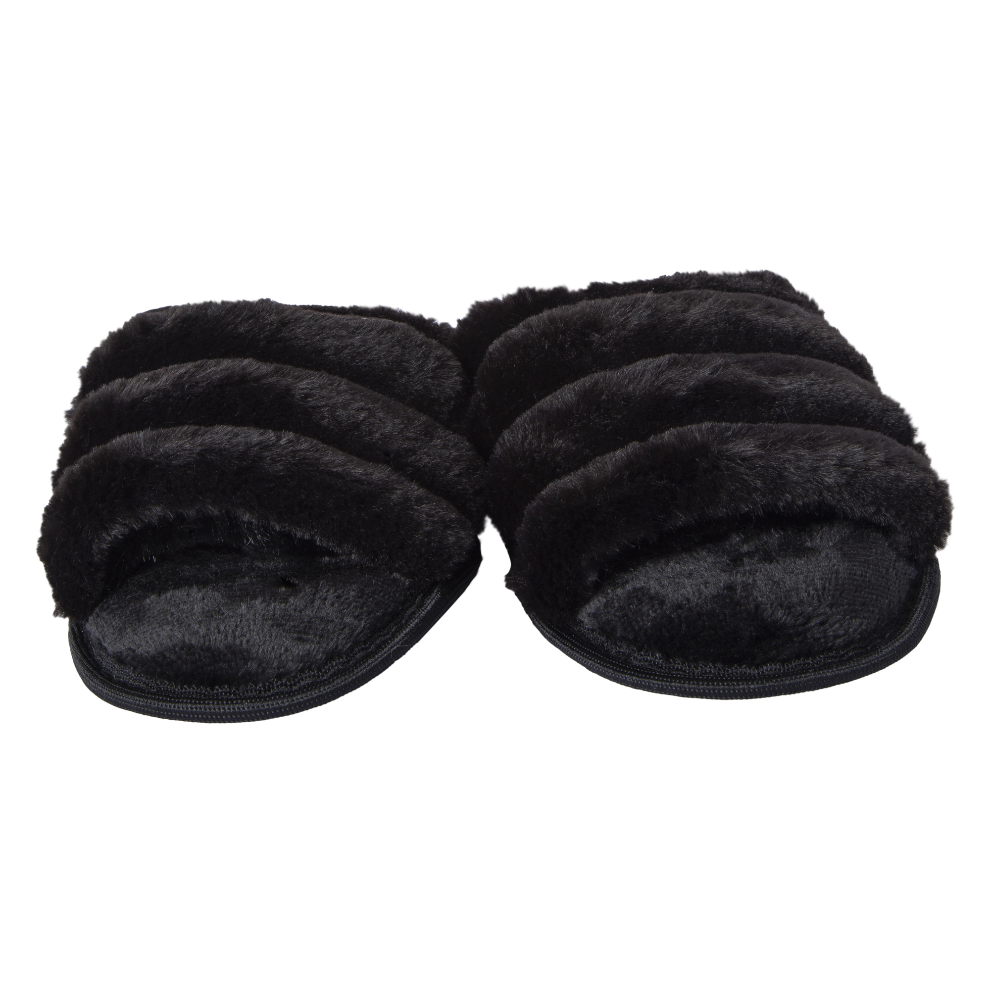 ladies black ribbed faux fur slide slippers