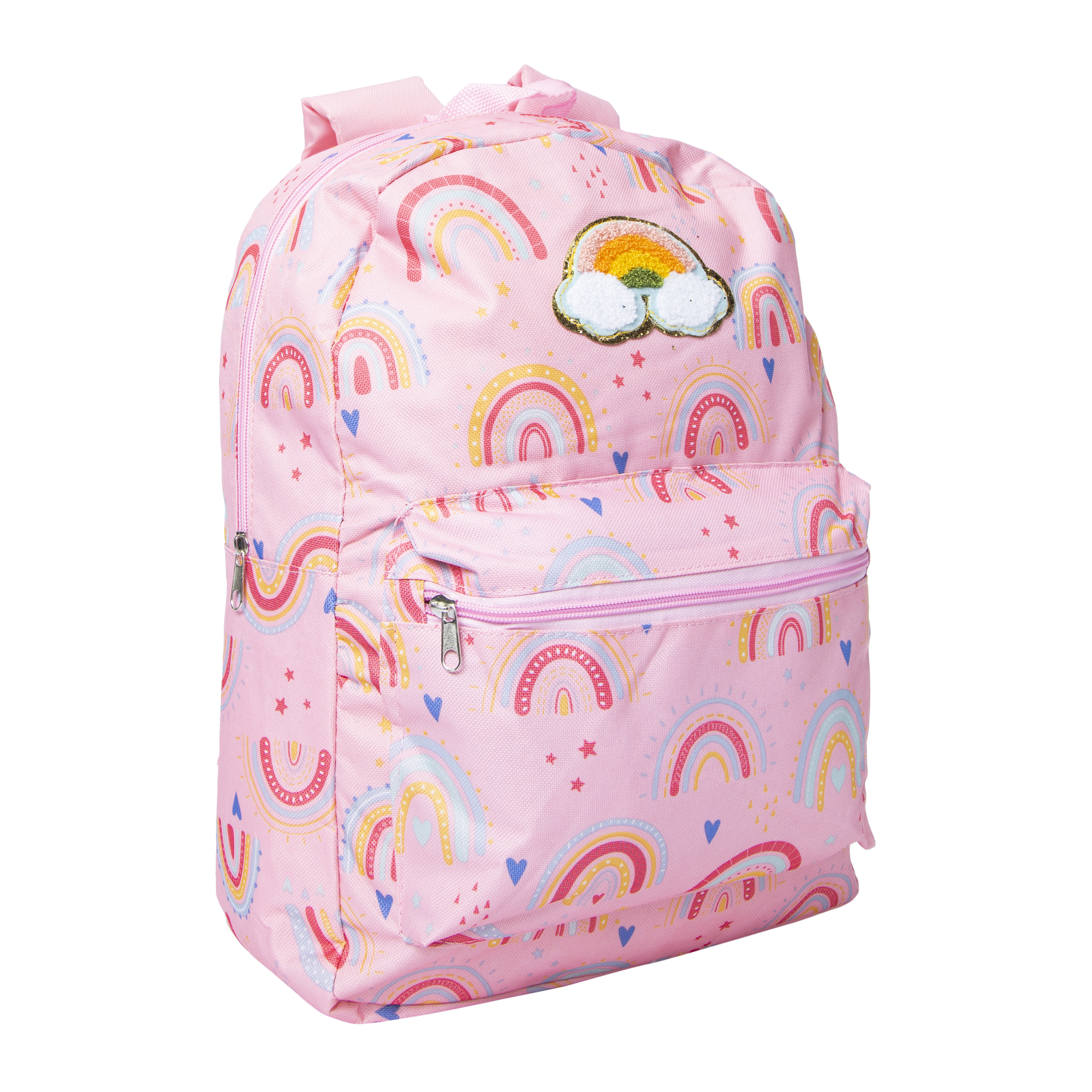 printed backpack with fuzzy patch 16in
