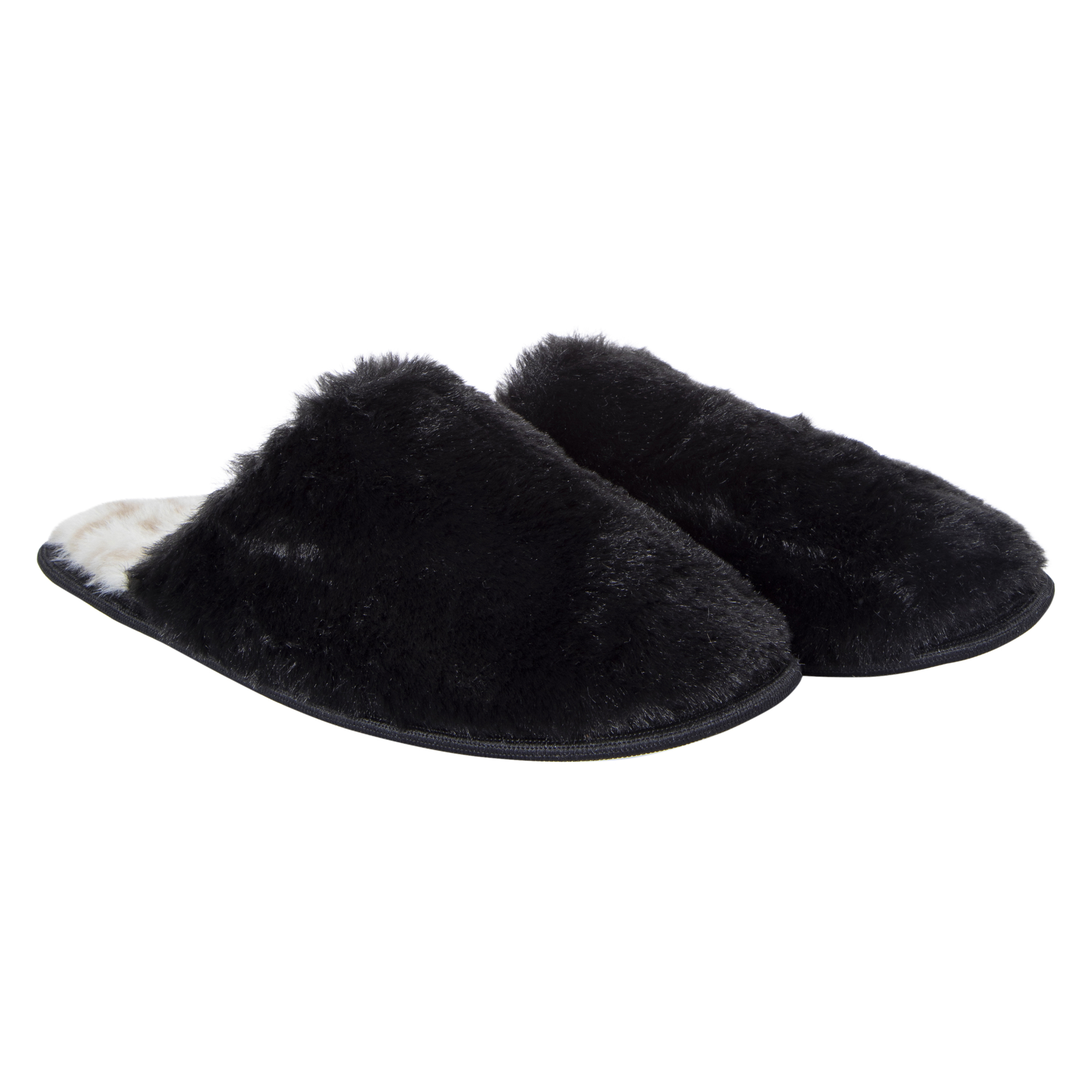 ladies faux fur slippers with leopard print sole - black