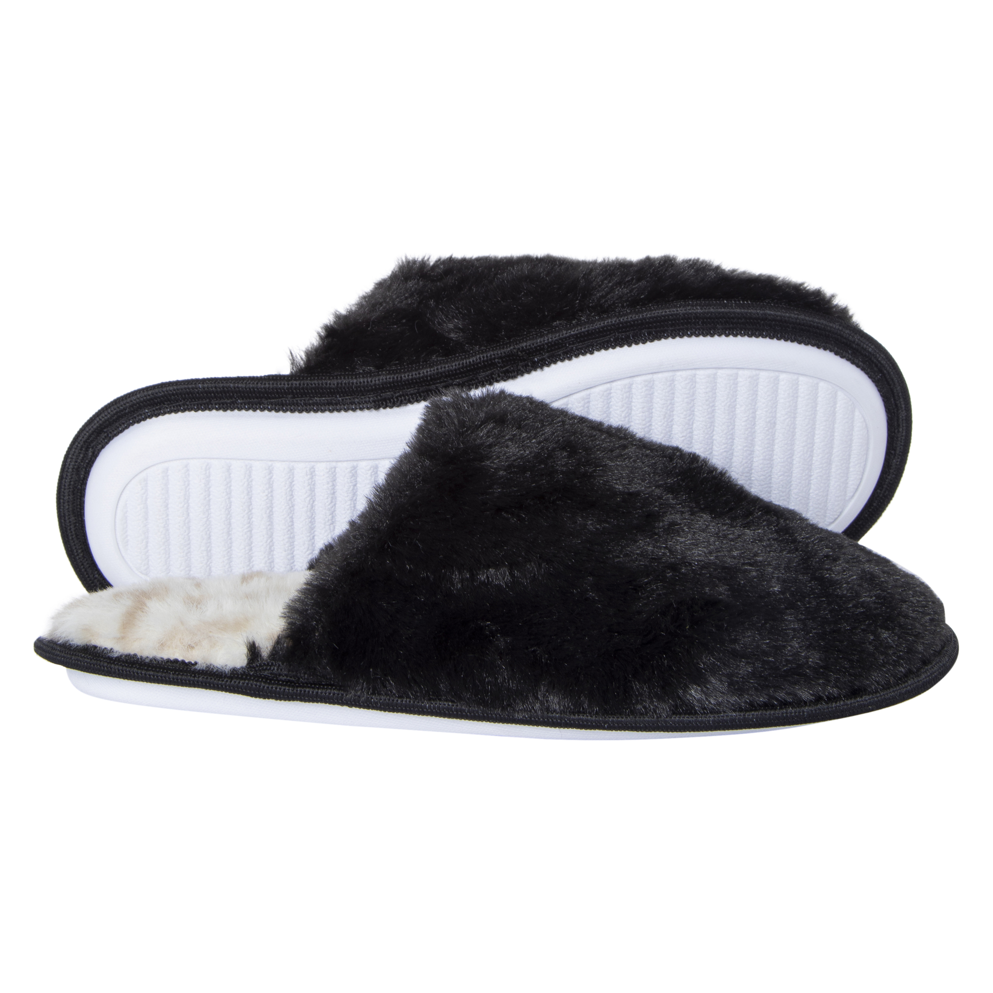 ladies faux fur slippers with leopard print sole - black