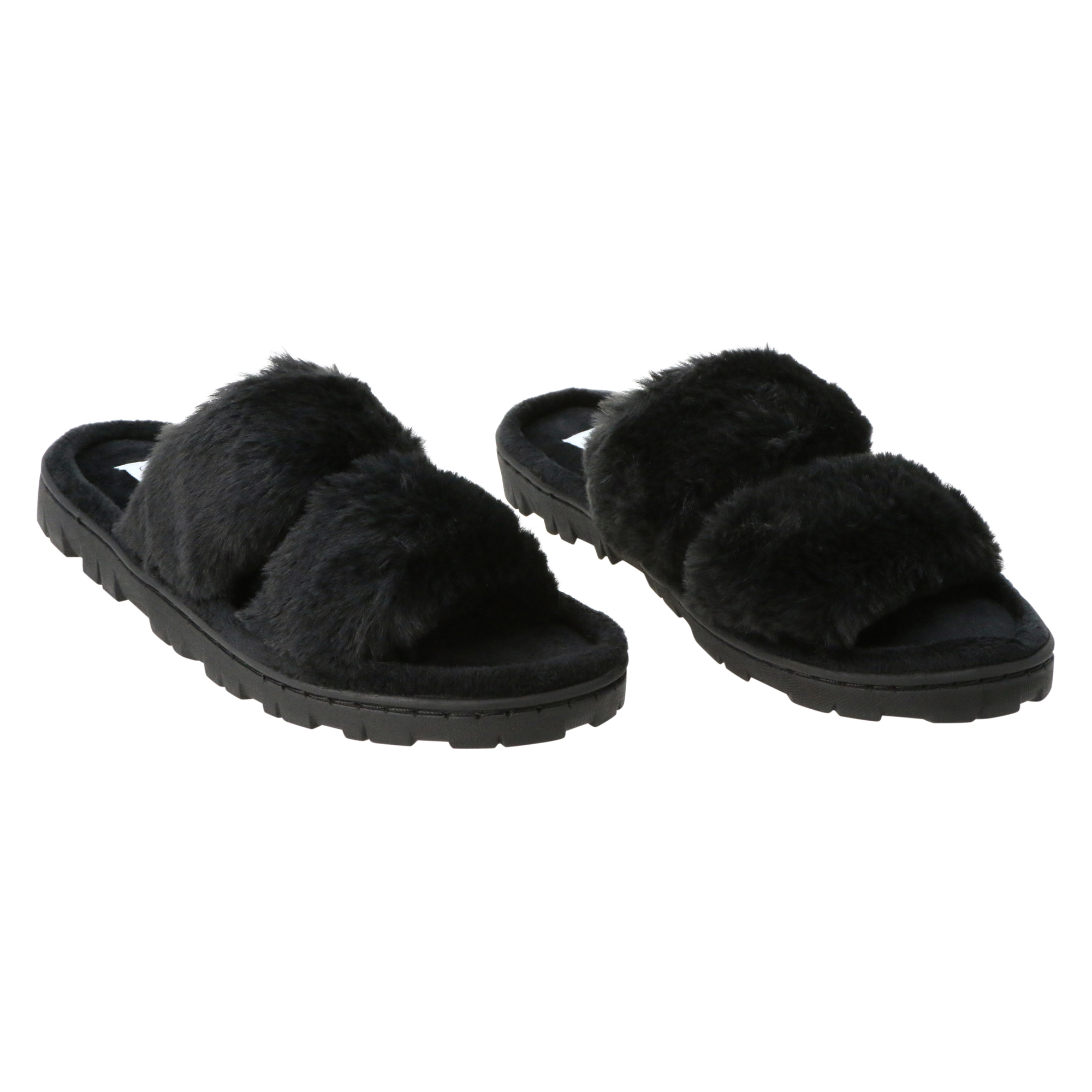 ladies black high pile faux fur slippers
