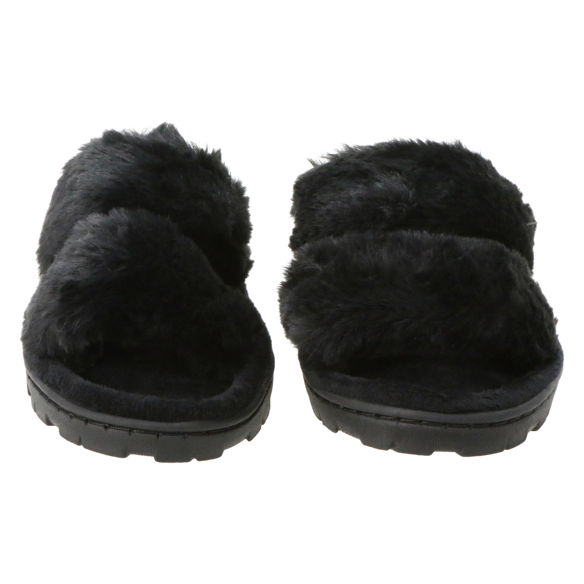 ladies black high pile faux fur slippers