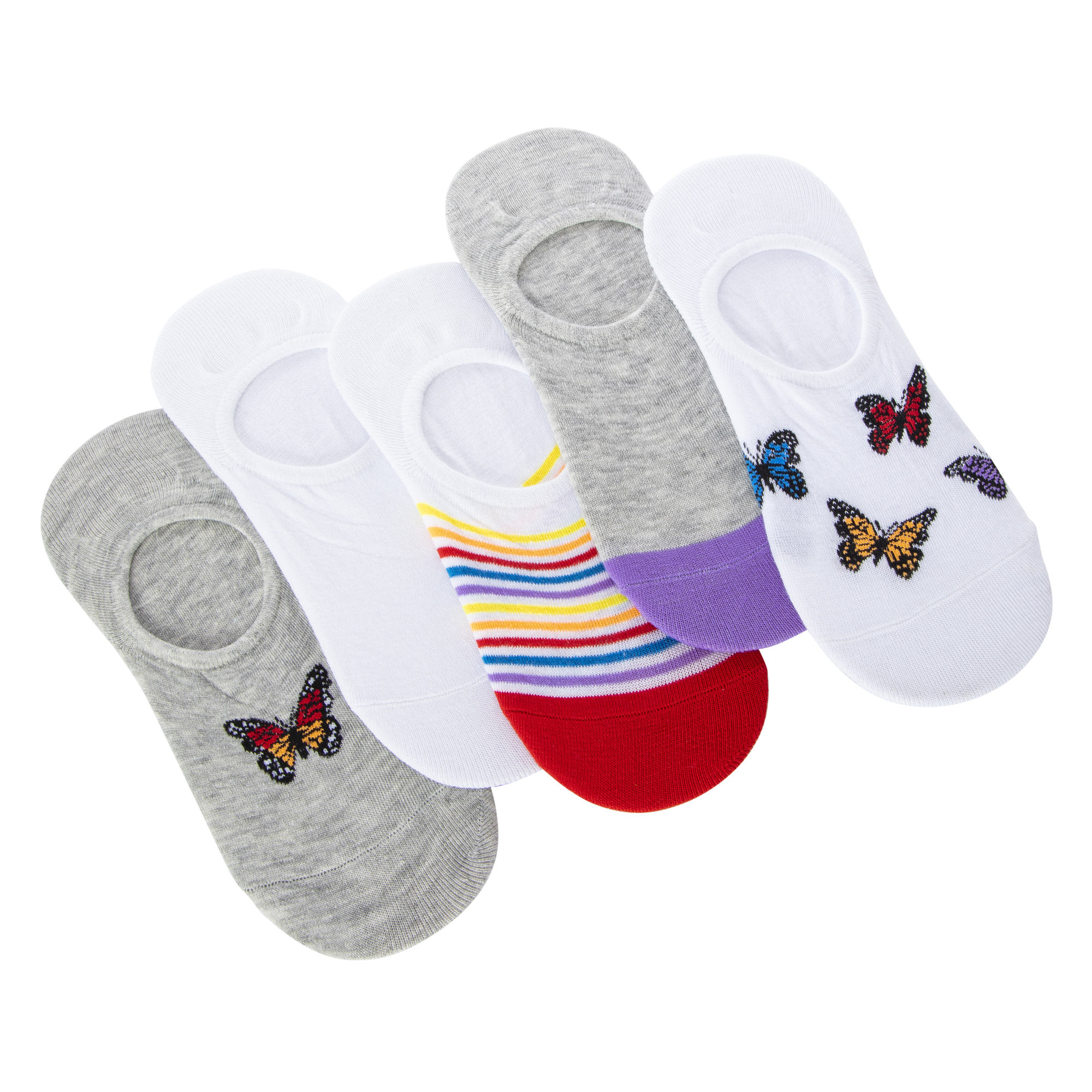 5-Pack Ladies No-Show Sneaker Socks - Butterfly, Stripes