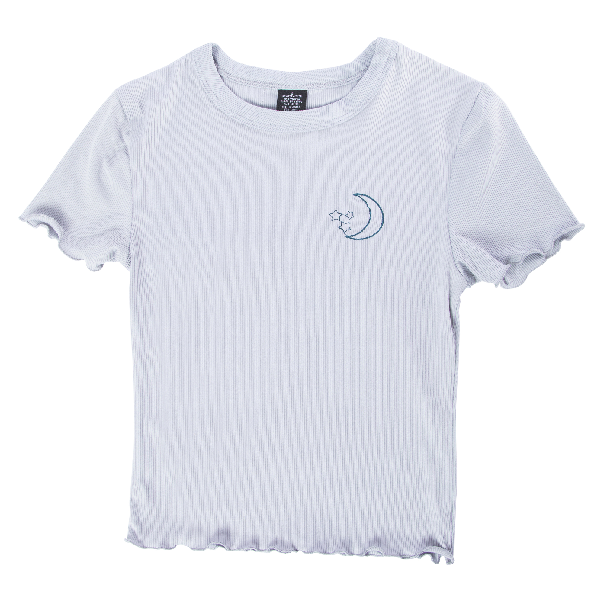 juniors embroidered celestial tee with lettuce hem
