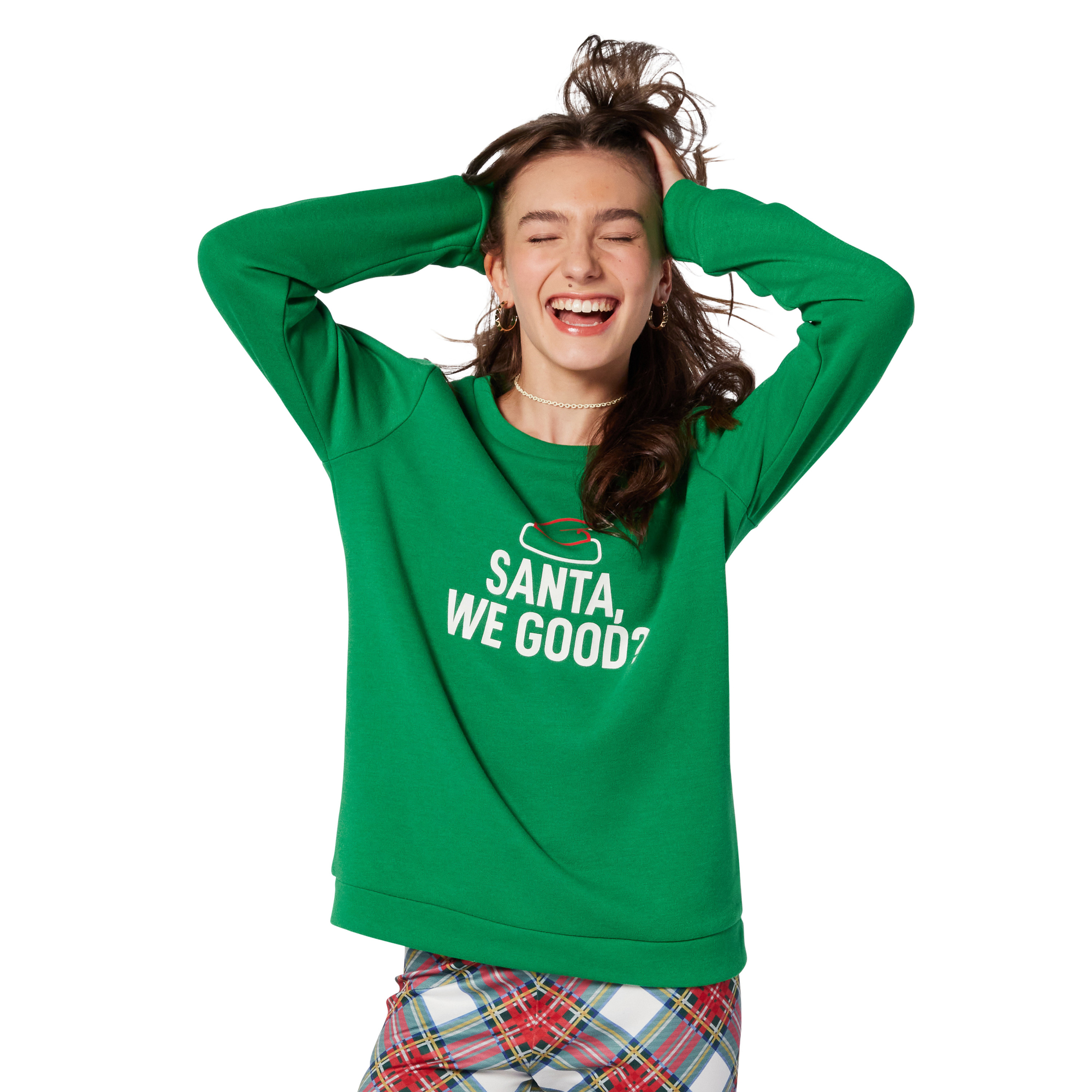 juniors holiday sweatshirt - ‘santa, we good?’