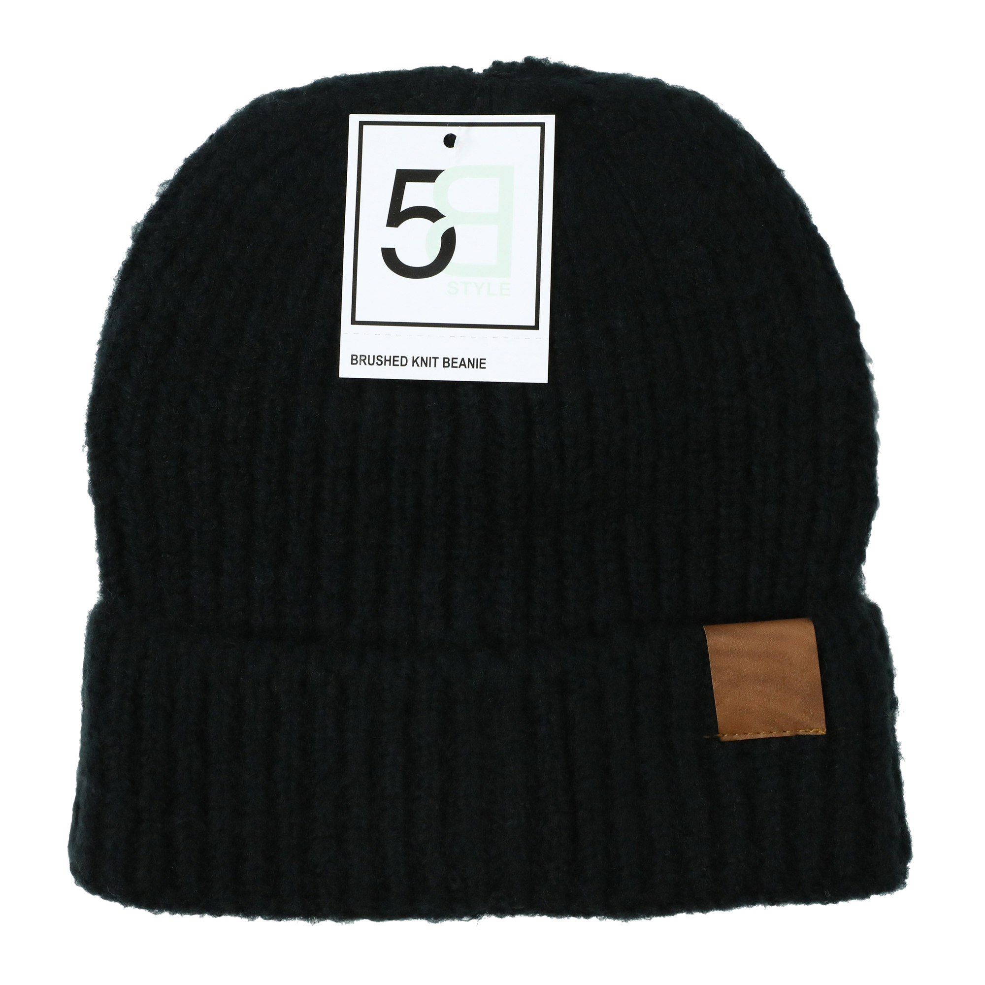 brushed rib knit beanie hat with corner patch