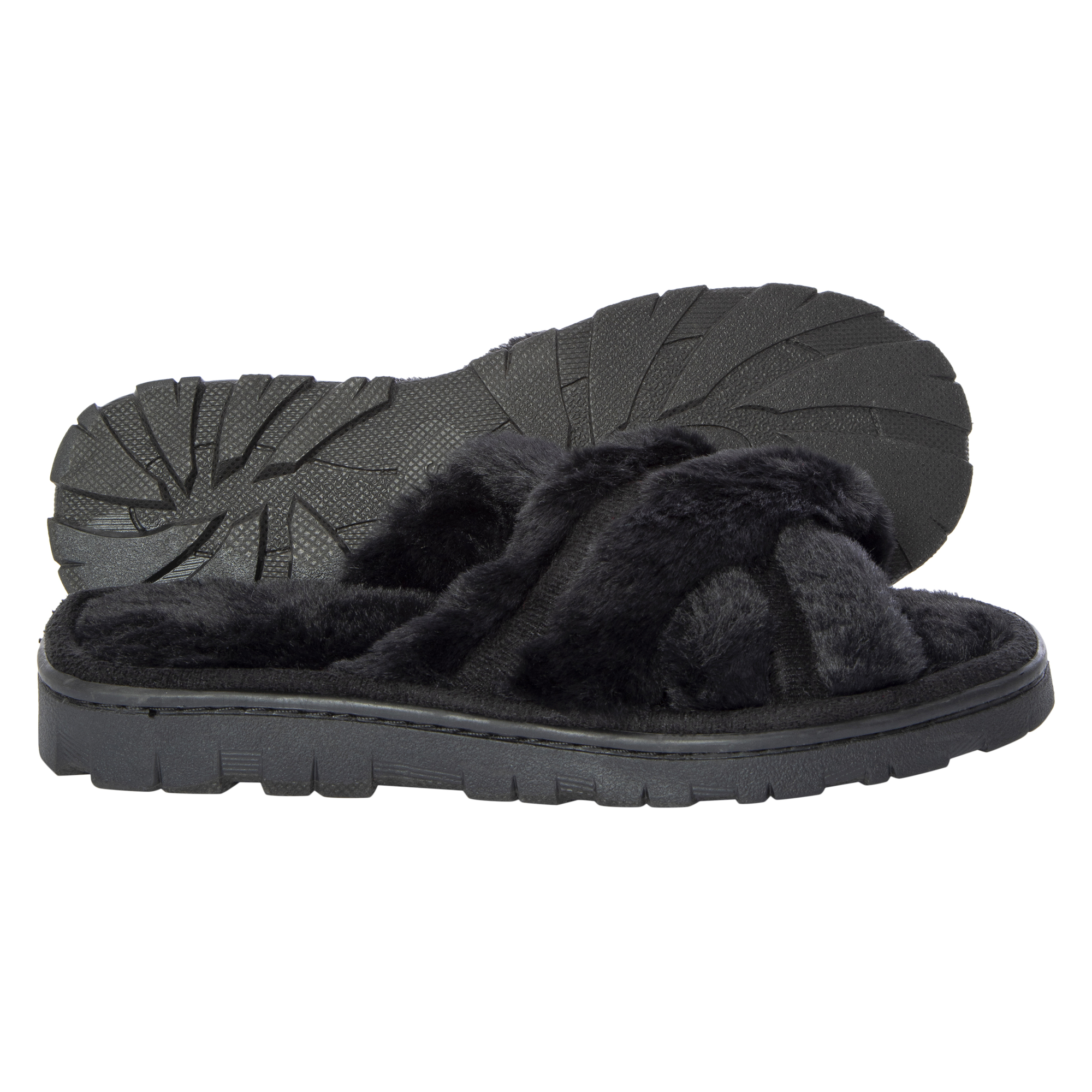 ladies white & brown cross-strap faux fur slippers