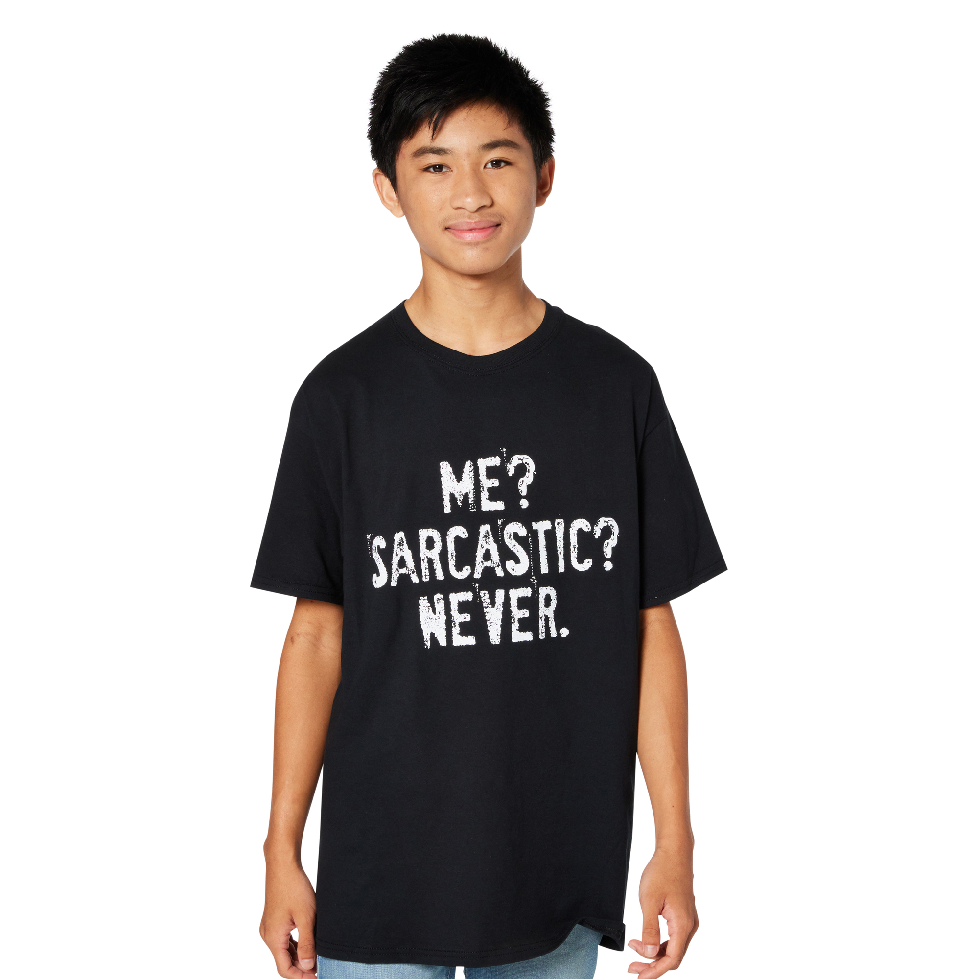 'me? sarcastic? never.' graphic tee