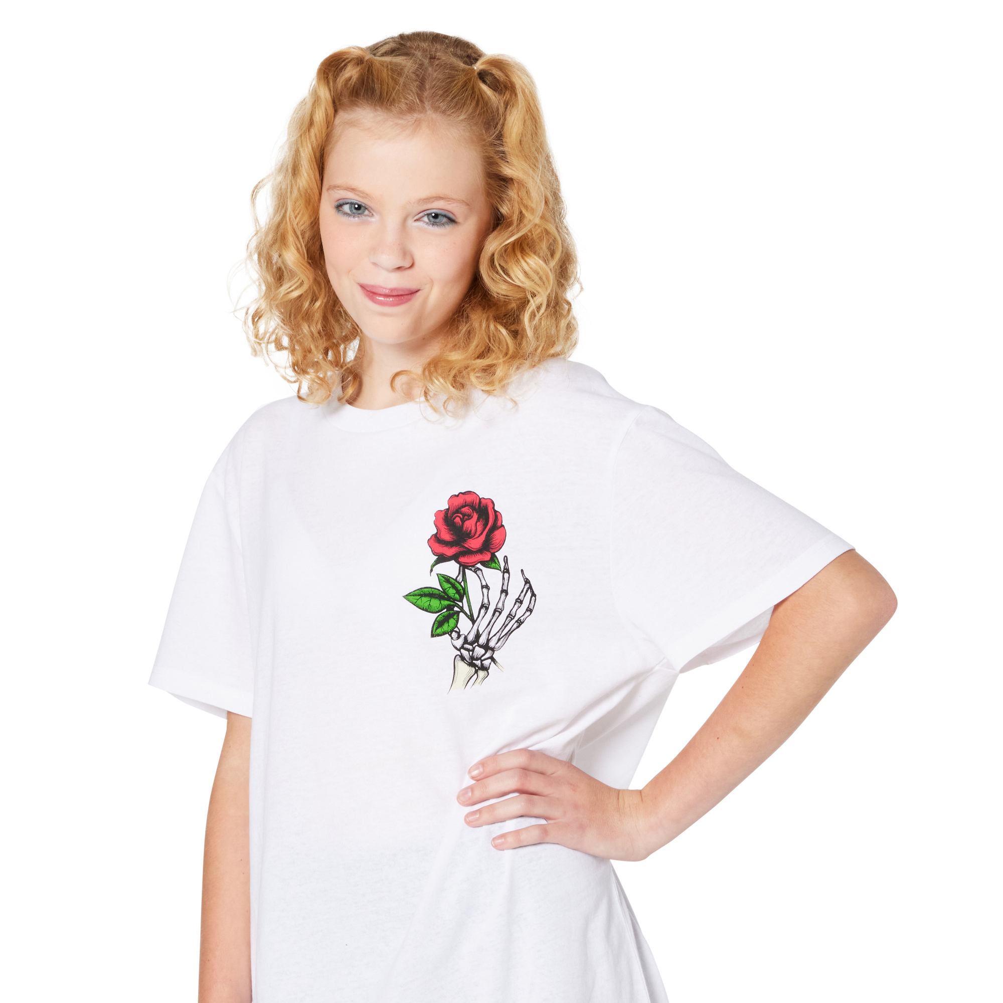 skeleton hand with rose graphic tee