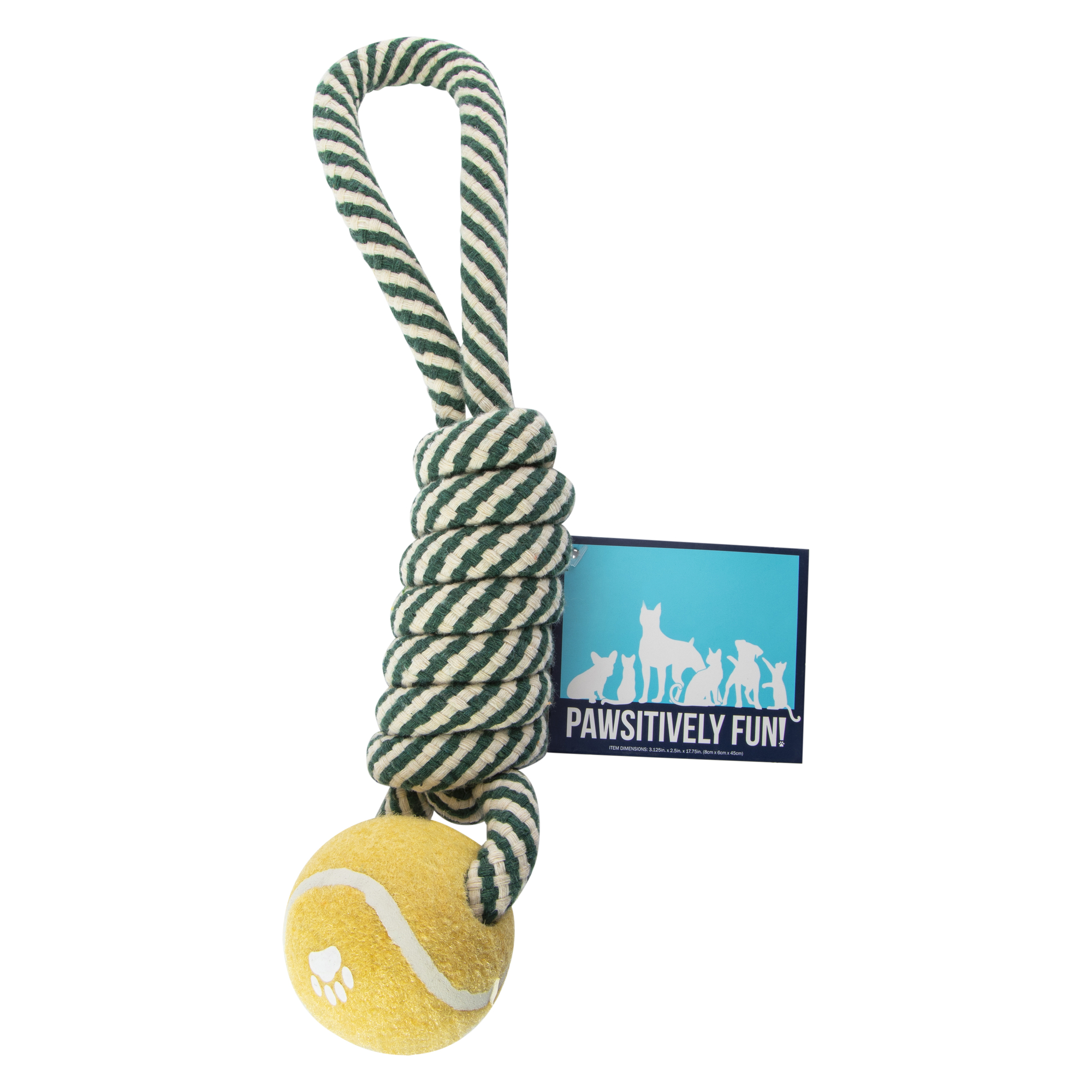 braided rope & tennis ball dog tug toy 18in x 3in
