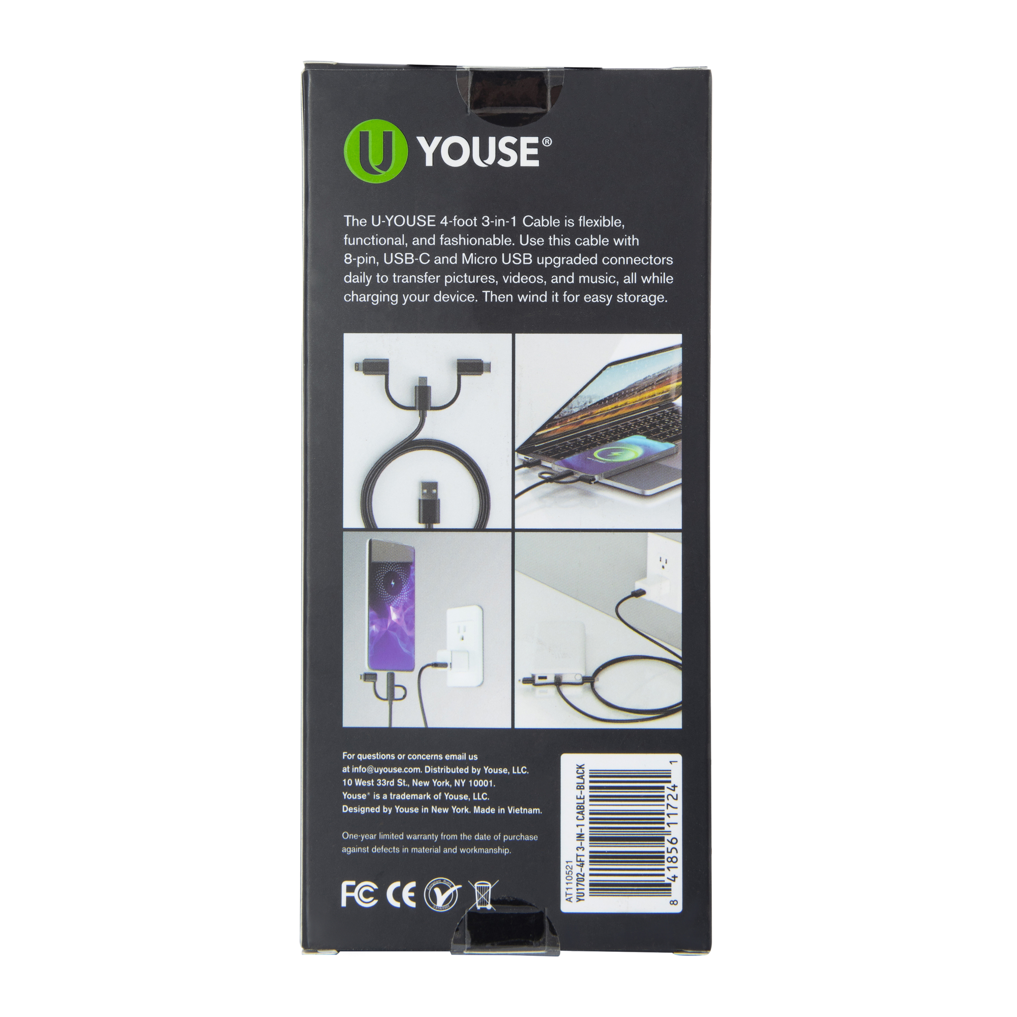 4ft 3-in-1 charging cable: 8-pin, USB-C, micro-USB