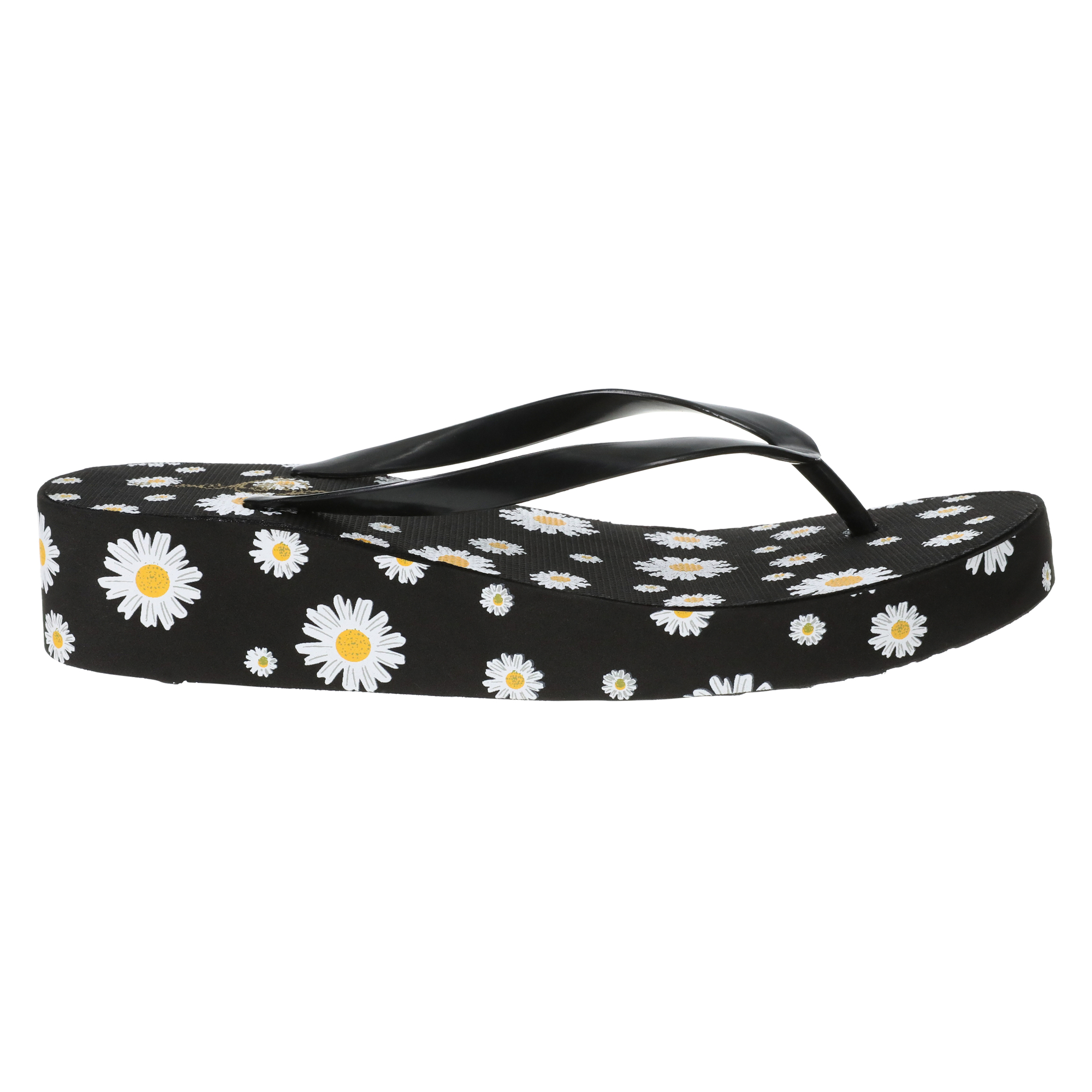 ladies platform wedge flip flops - black daisy