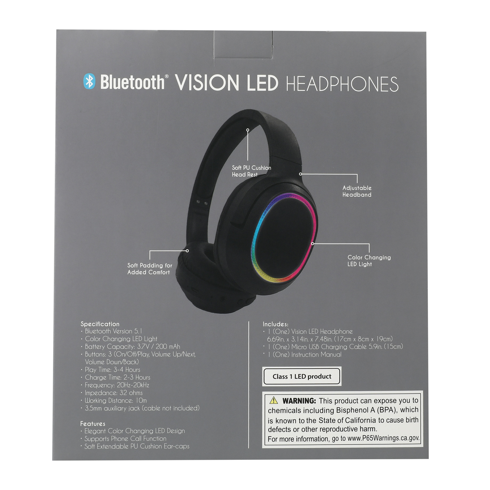 vision color changing LED bluetooth wireless headphones with mic