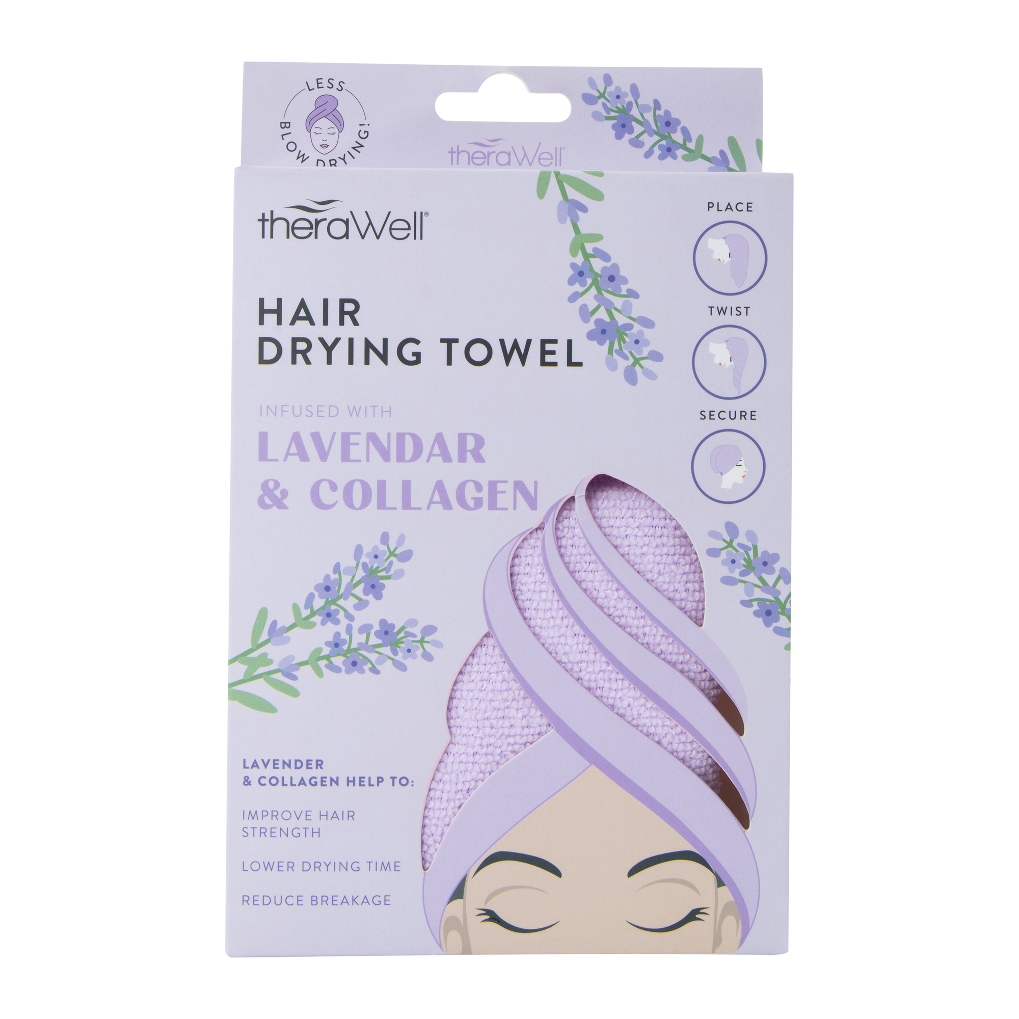 therawell® twirly hair drying towel - lavender & collagen