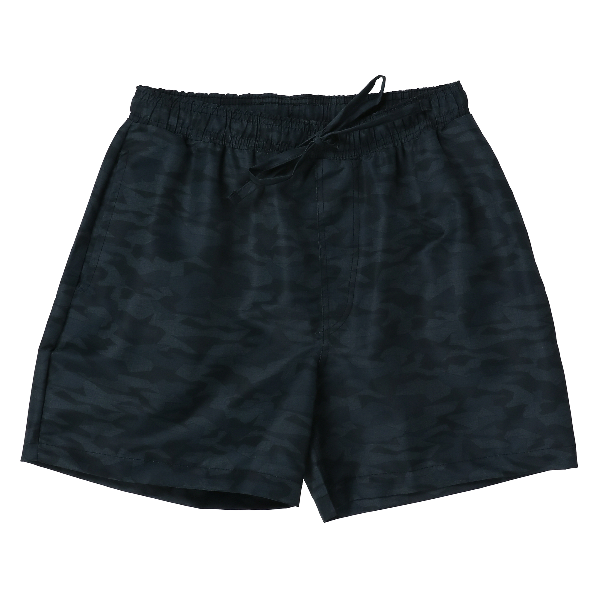 young mens black camo nylon shorts