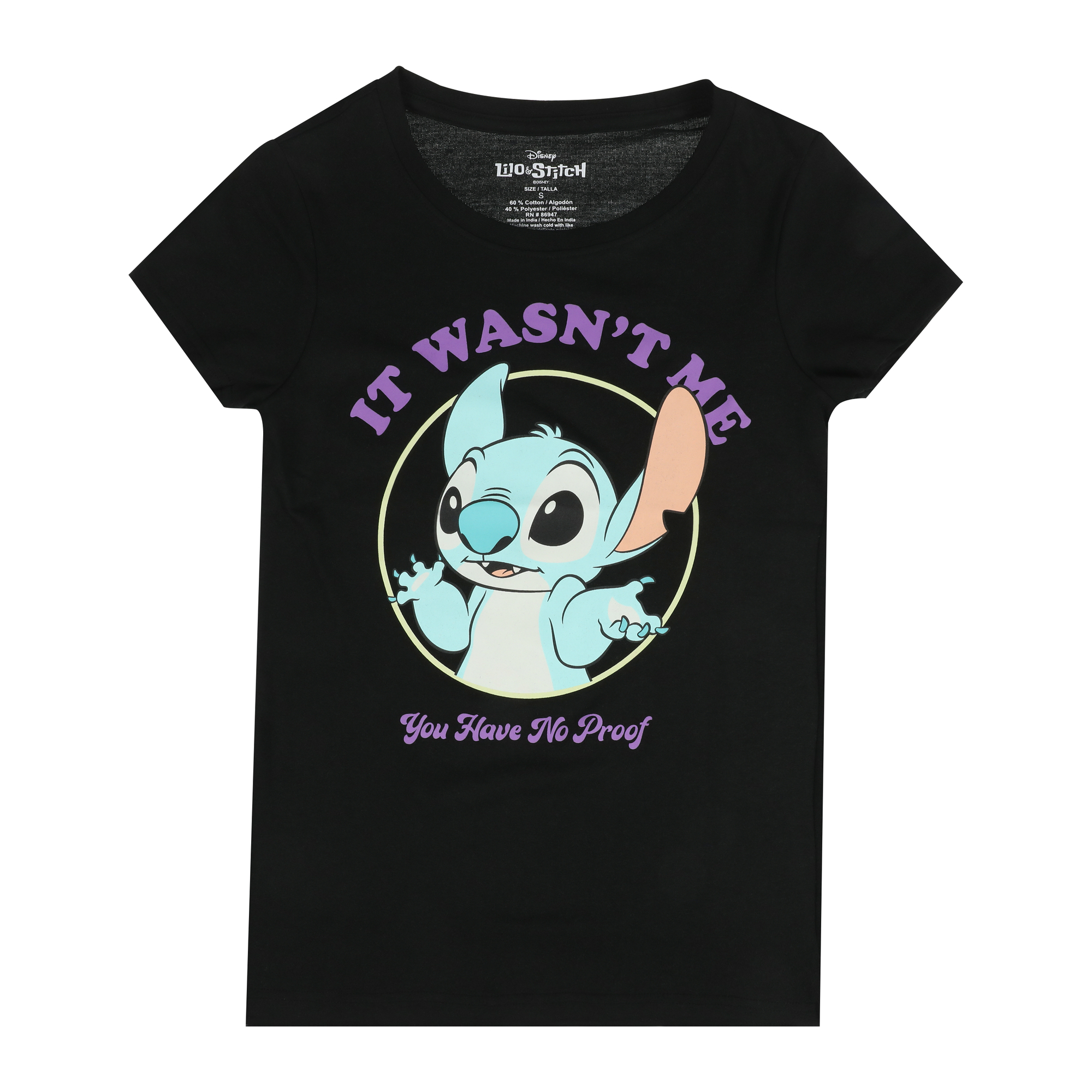 juniors Disney Stitch 'it wasn't me, you have no proof' graphic tee