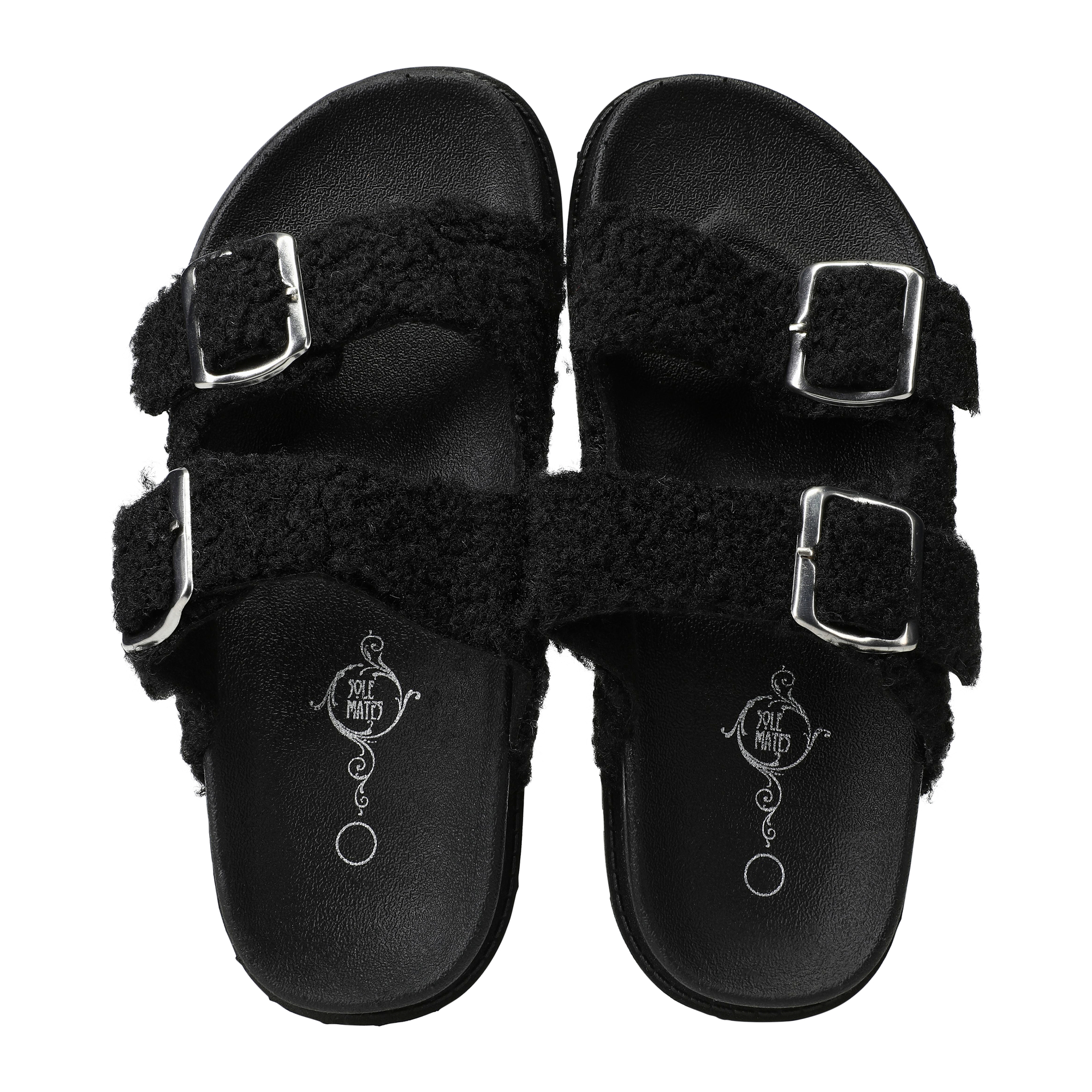 ladies black sherpa double buckle sandals