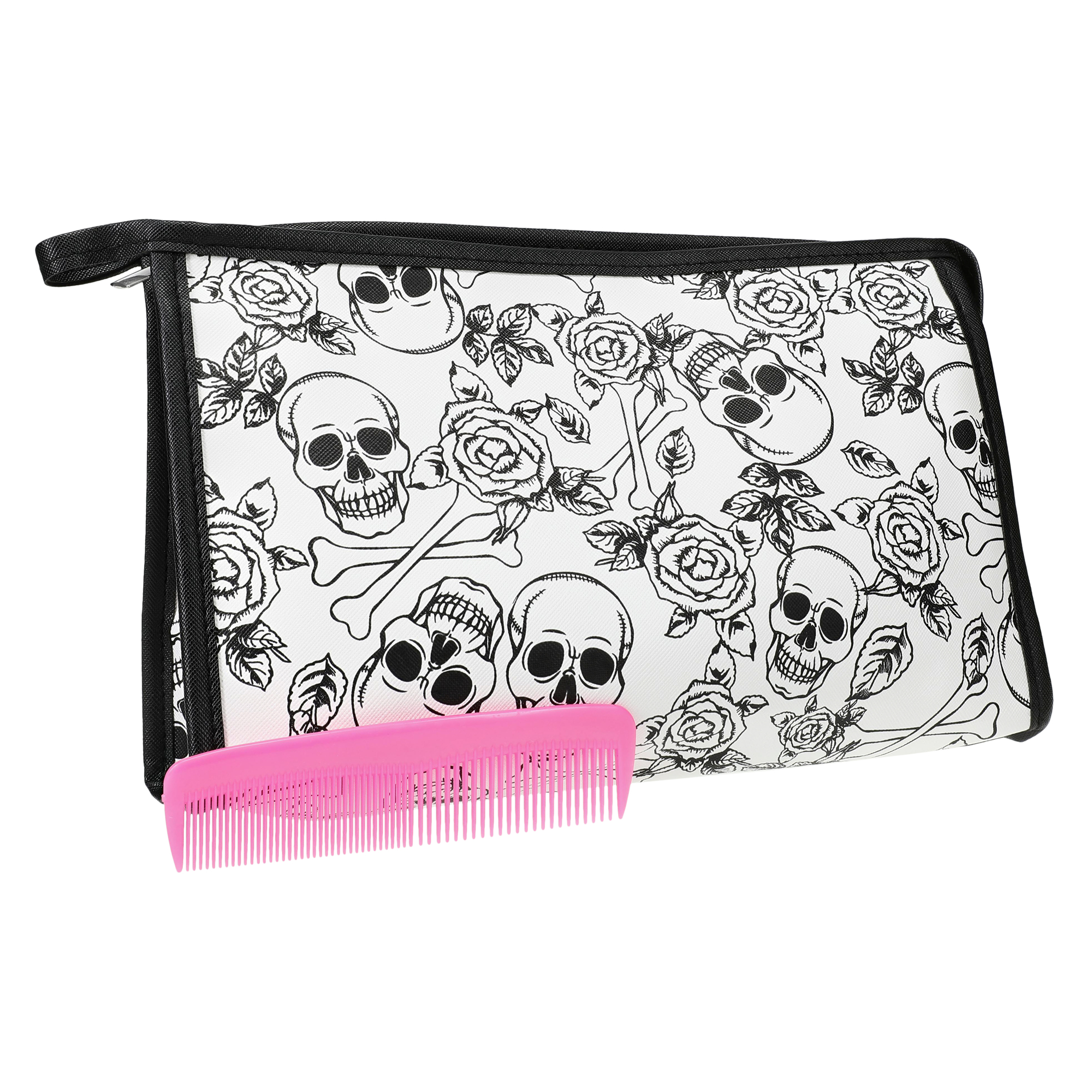 skulls & roses makeup bag with comb
