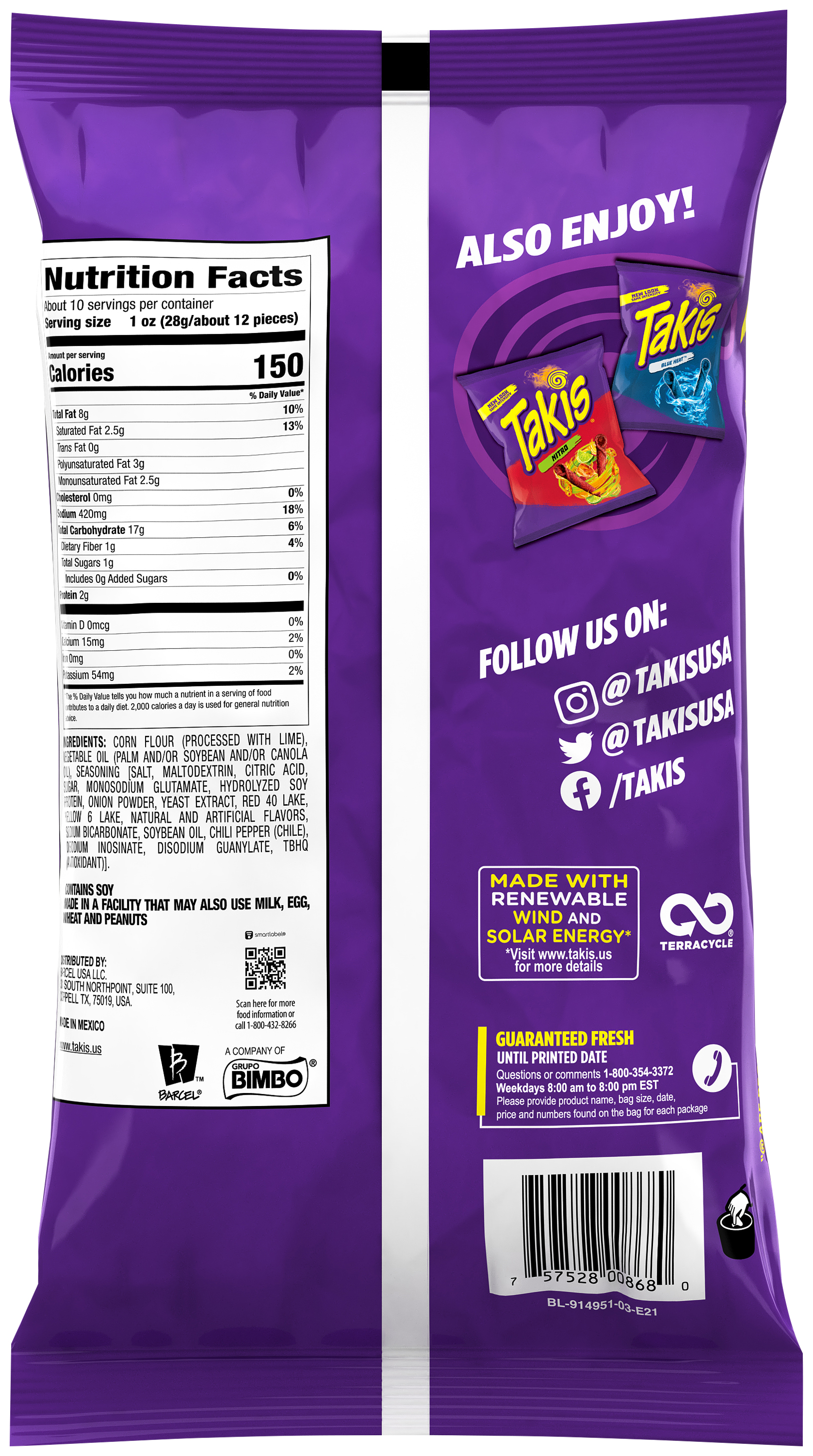 Takis fuego rolled tortilla chips, hot chili pepper and lime artificially flavored, 9.9oz bag