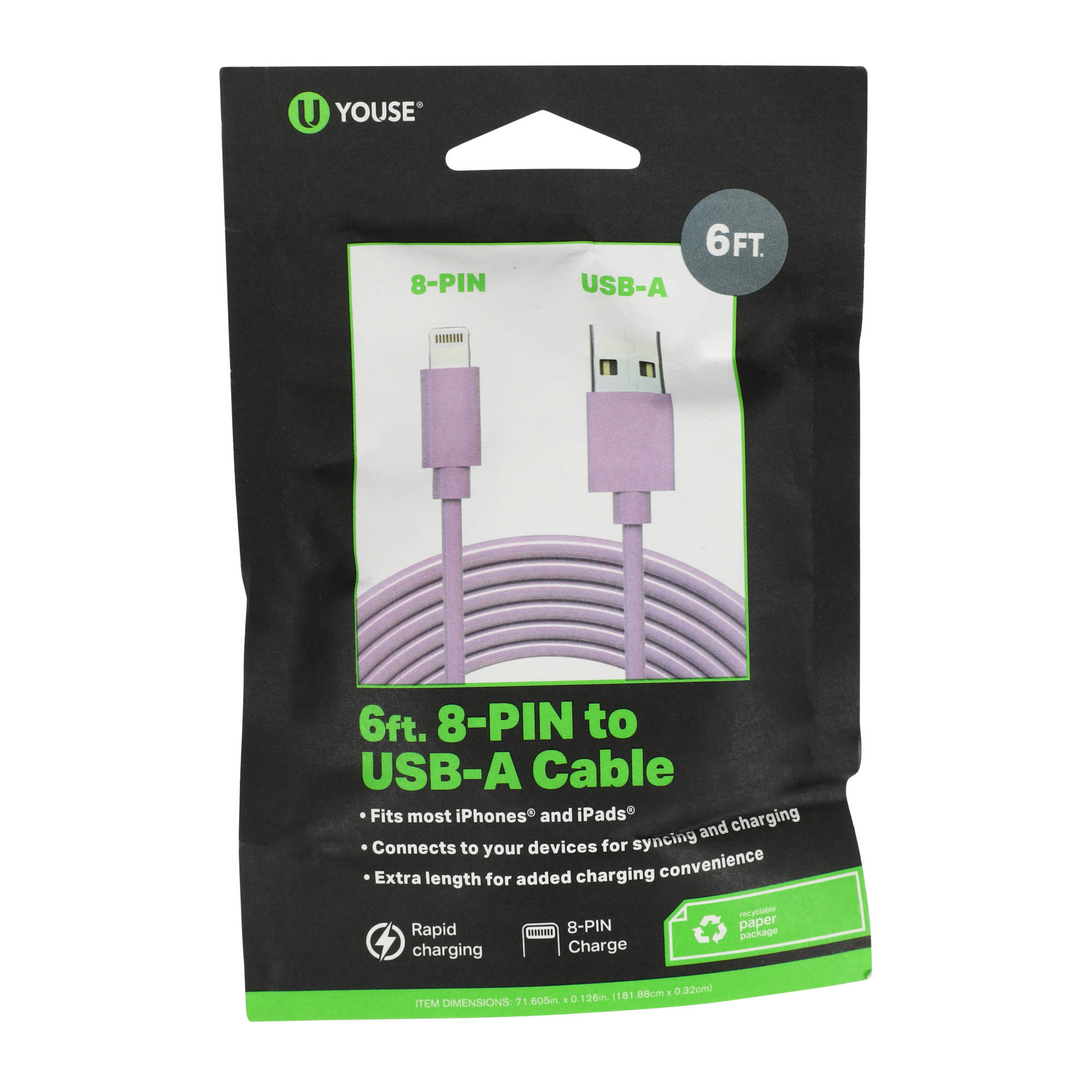 6ft 8-pin to USB-A charging cable